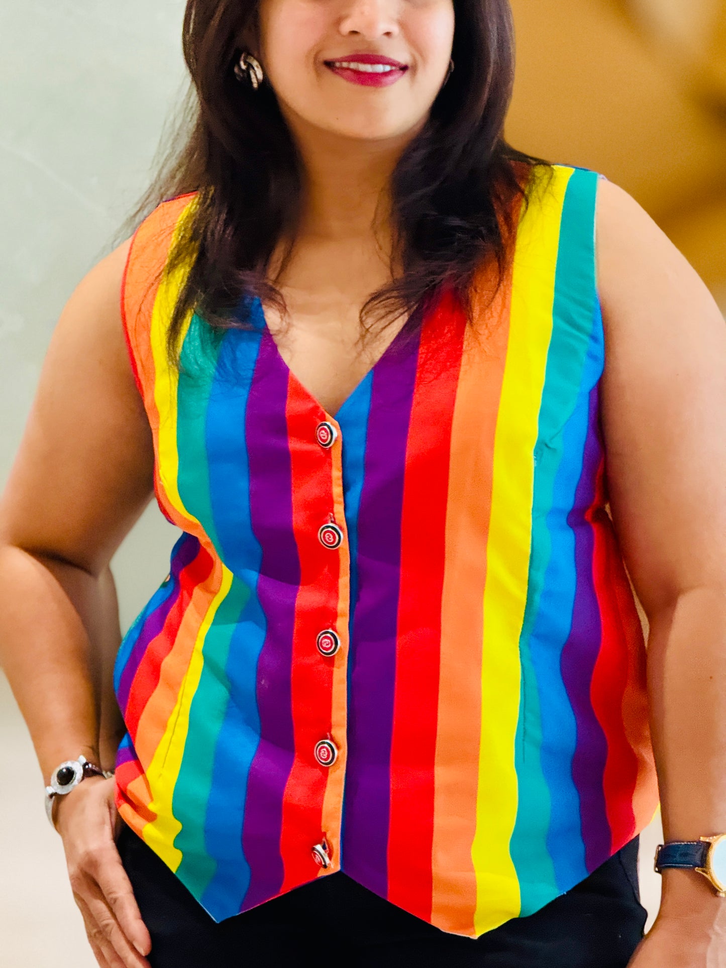 Women’s Rainbow Colours Waistcoat – Crepe Vest with Coloured Stripes