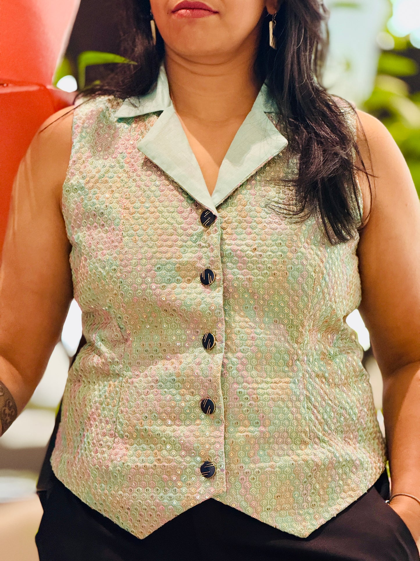 Women’s Aqua Green Waistcoat – Premium Mulberry Silk Vest with Thread Work