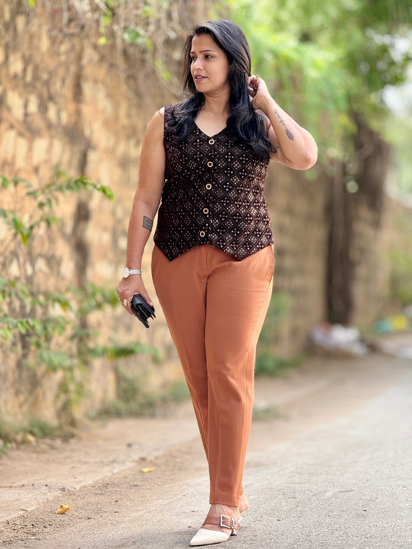 Women’s Chocolate Brown Waistcoat – Premium Velvet Vest with Rich Thread Work