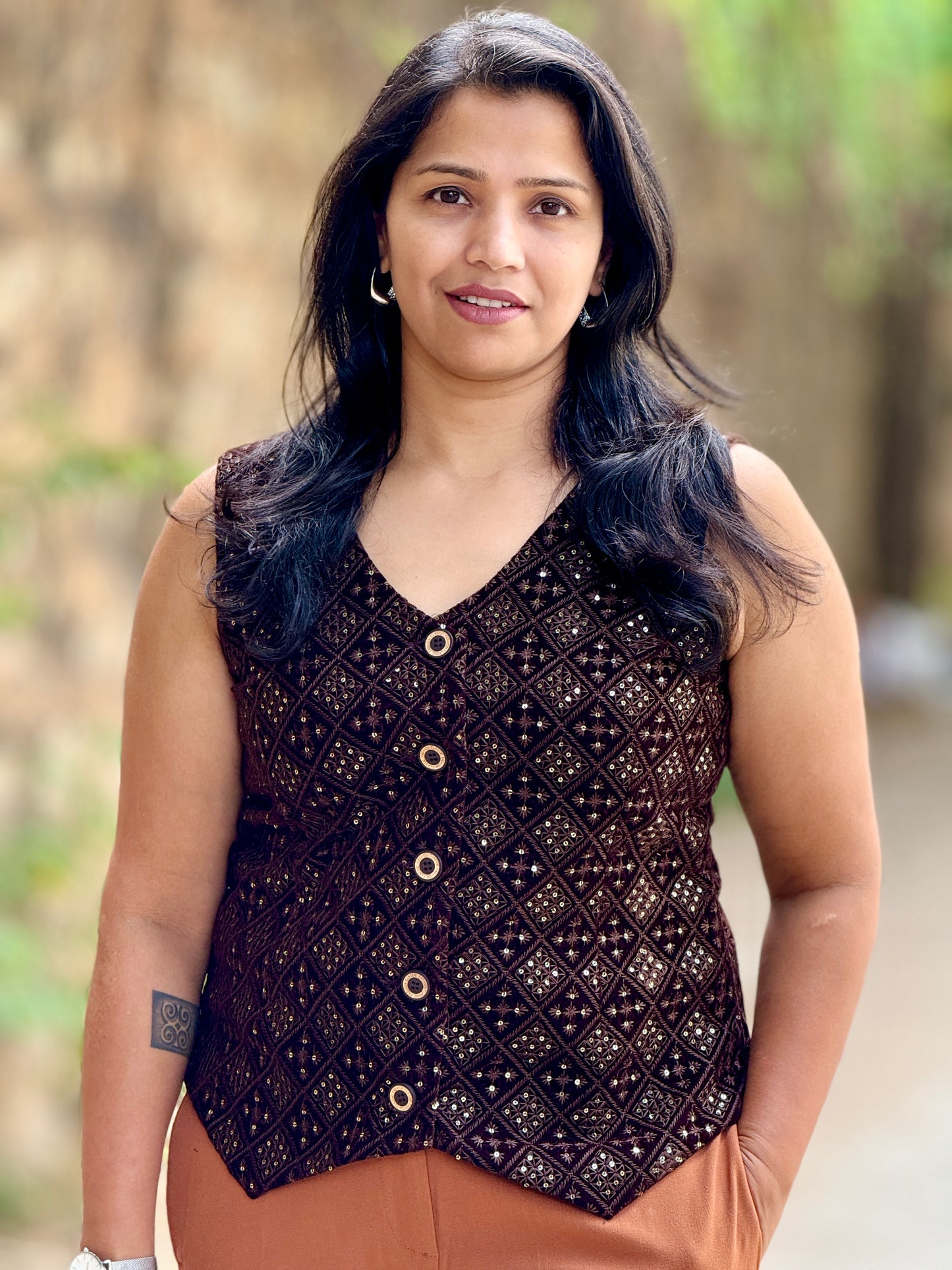 Women’s Chocolate Brown Waistcoat – Premium Velvet Vest with Rich Thread Work
