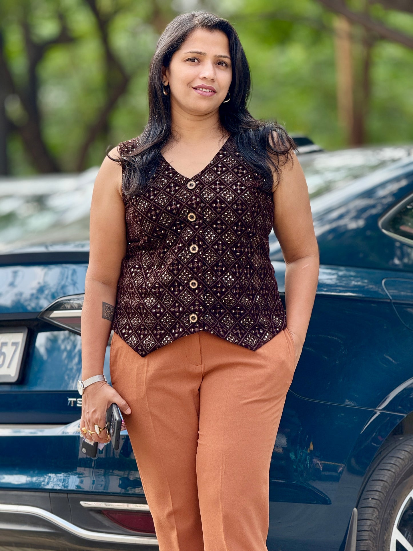 Women’s Chocolate Brown Waistcoat – Premium Velvet Vest with Rich Thread Work