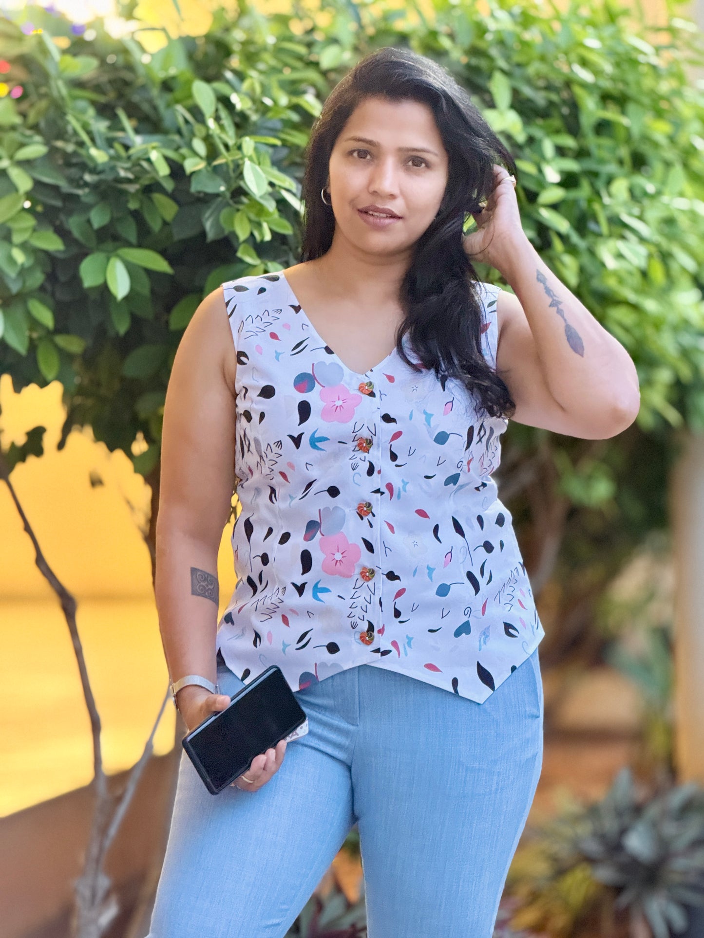 Women’s White & Blue Waistcoat – Premium Cotton Vest with flowers & Leaves