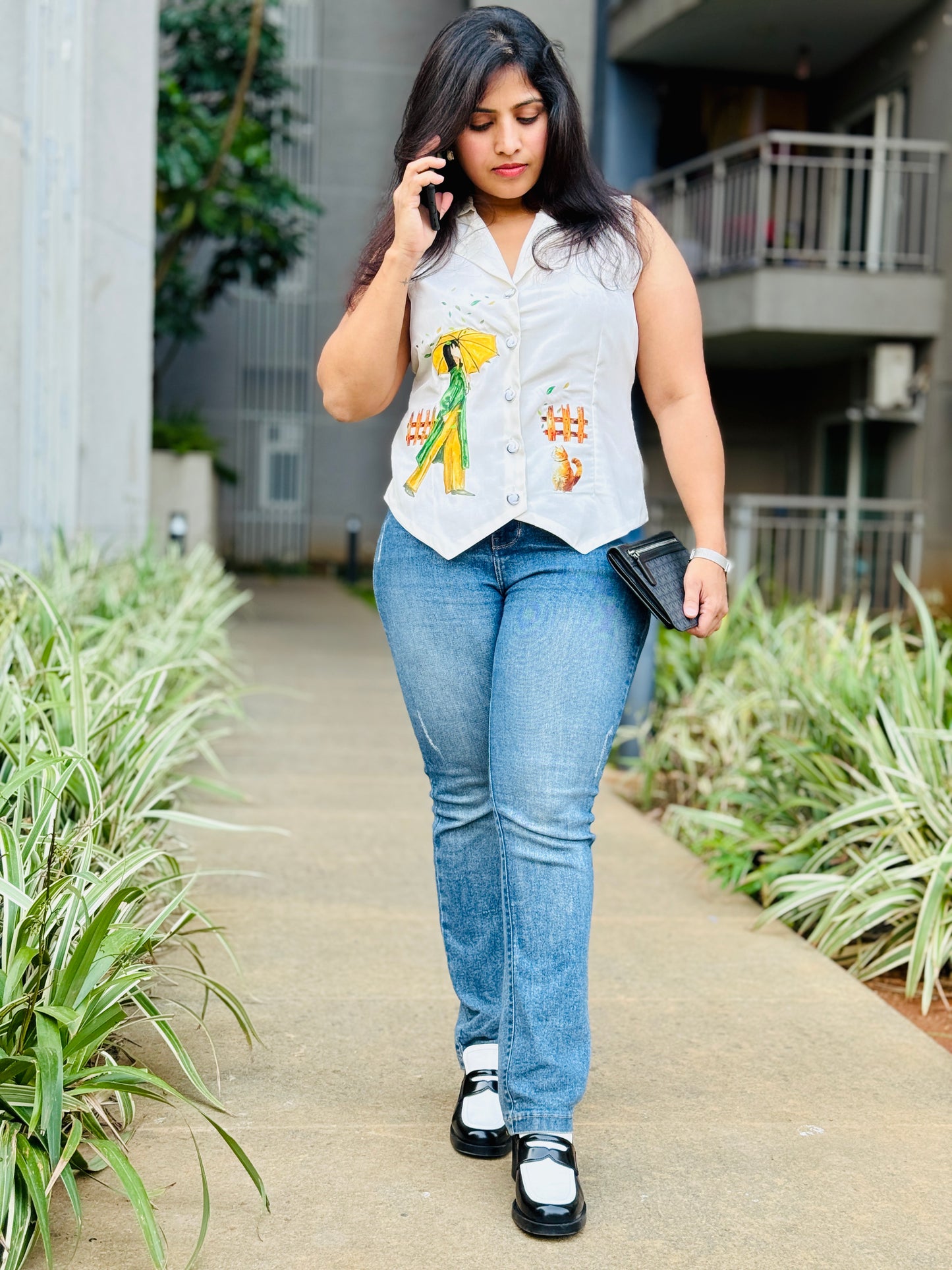 Women’s White Printed Designer Waistcoat – Premium French Crepe Vest