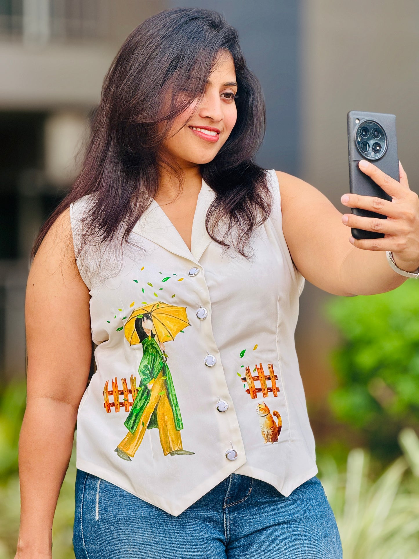 Women’s White Printed Designer Waistcoat – Premium French Crepe Vest