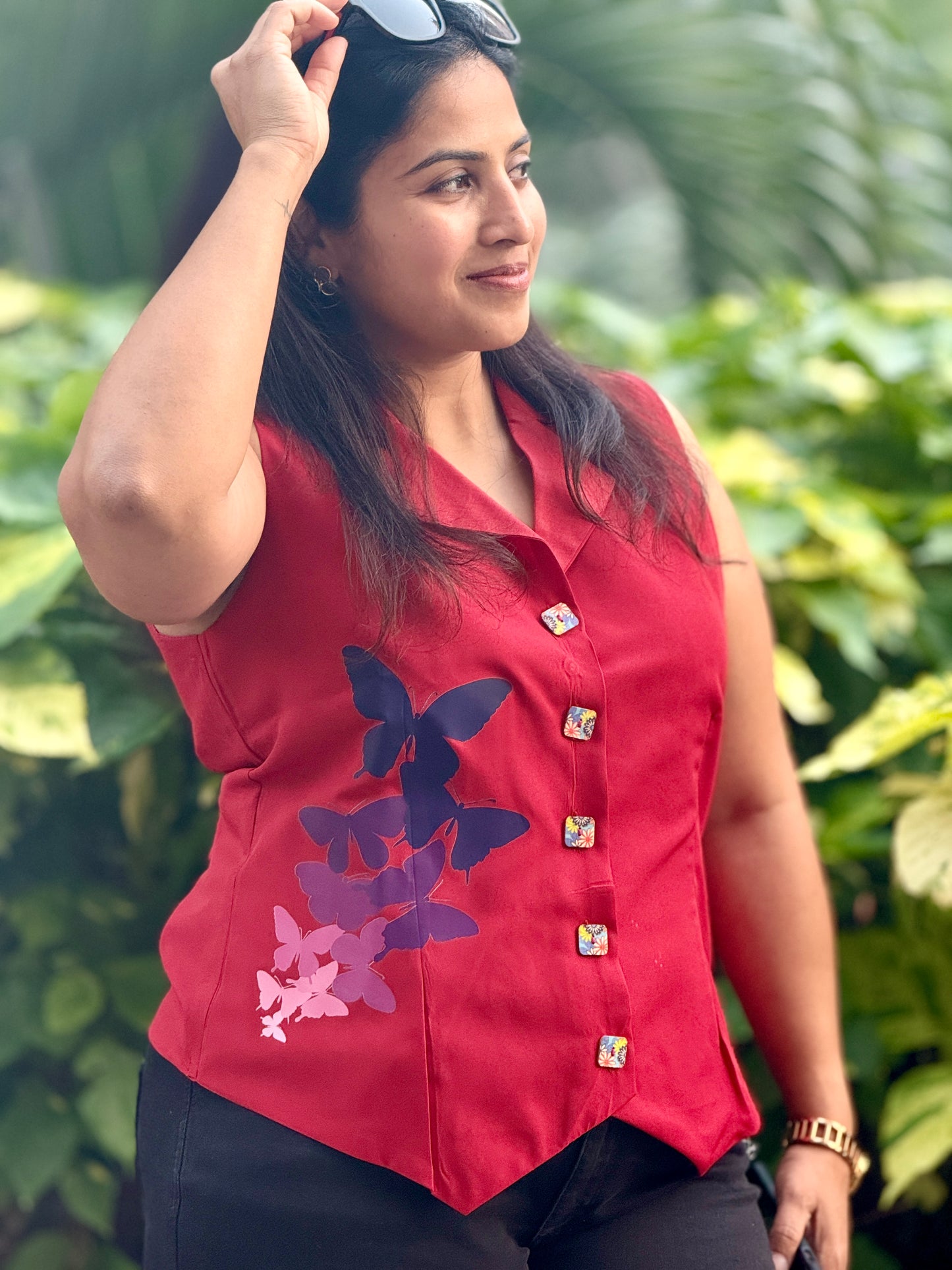 Women’s Red Waistcoat –Printed Butter Crepe Vest