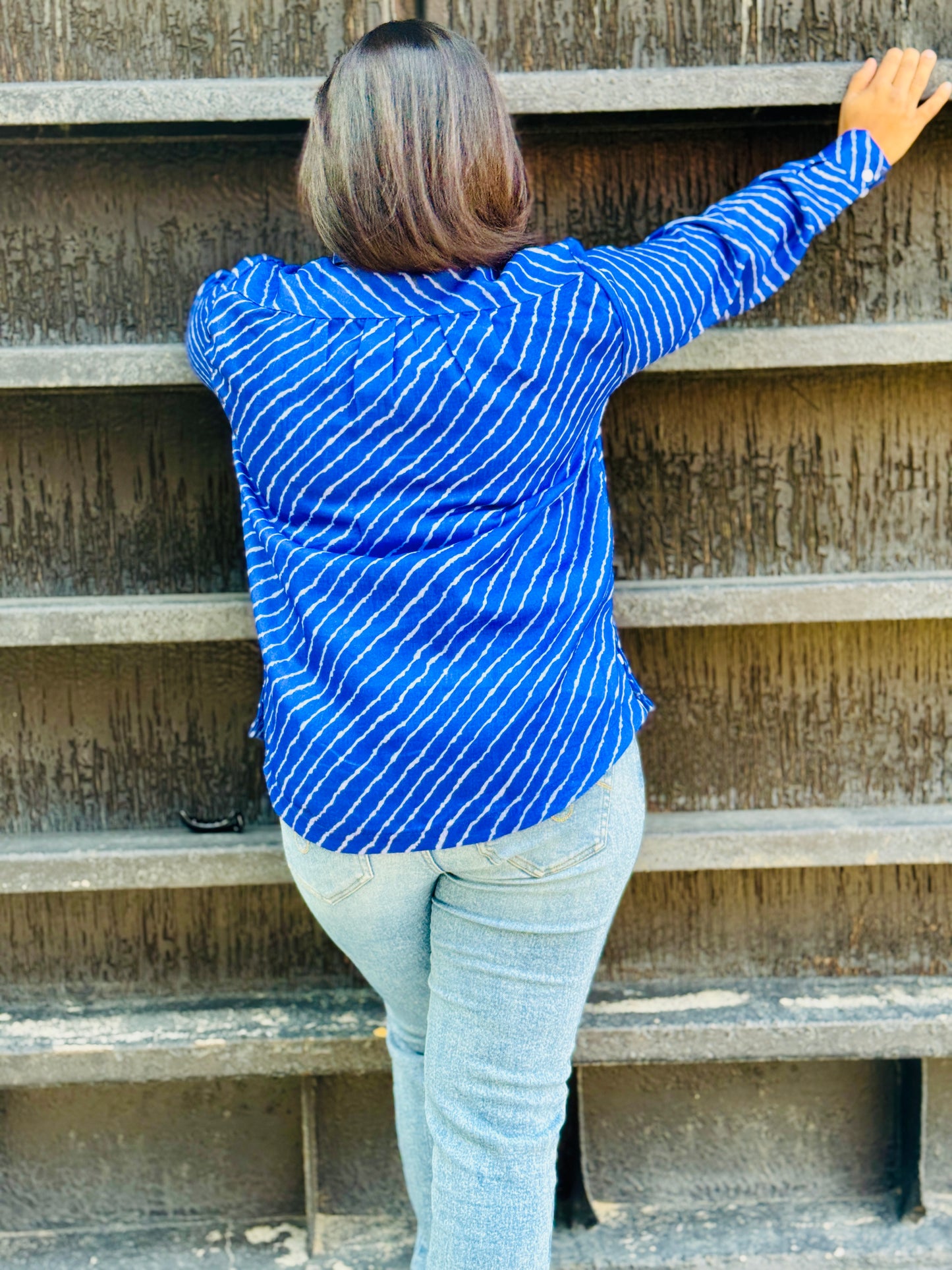 Women’s Robin Blue 100% Linen Cotton Shirt - Cross-Stripe Pattern