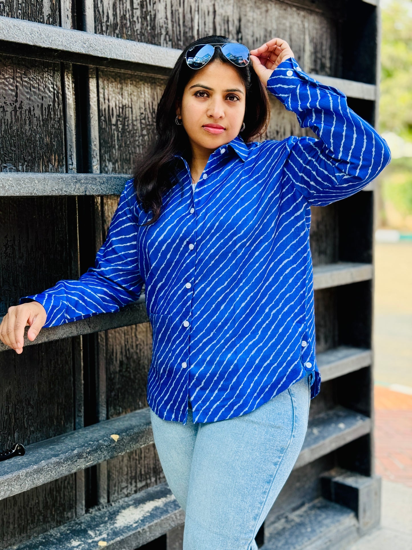 Women’s Robin Blue 100% Linen Cotton Shirt - Cross-Stripe Pattern