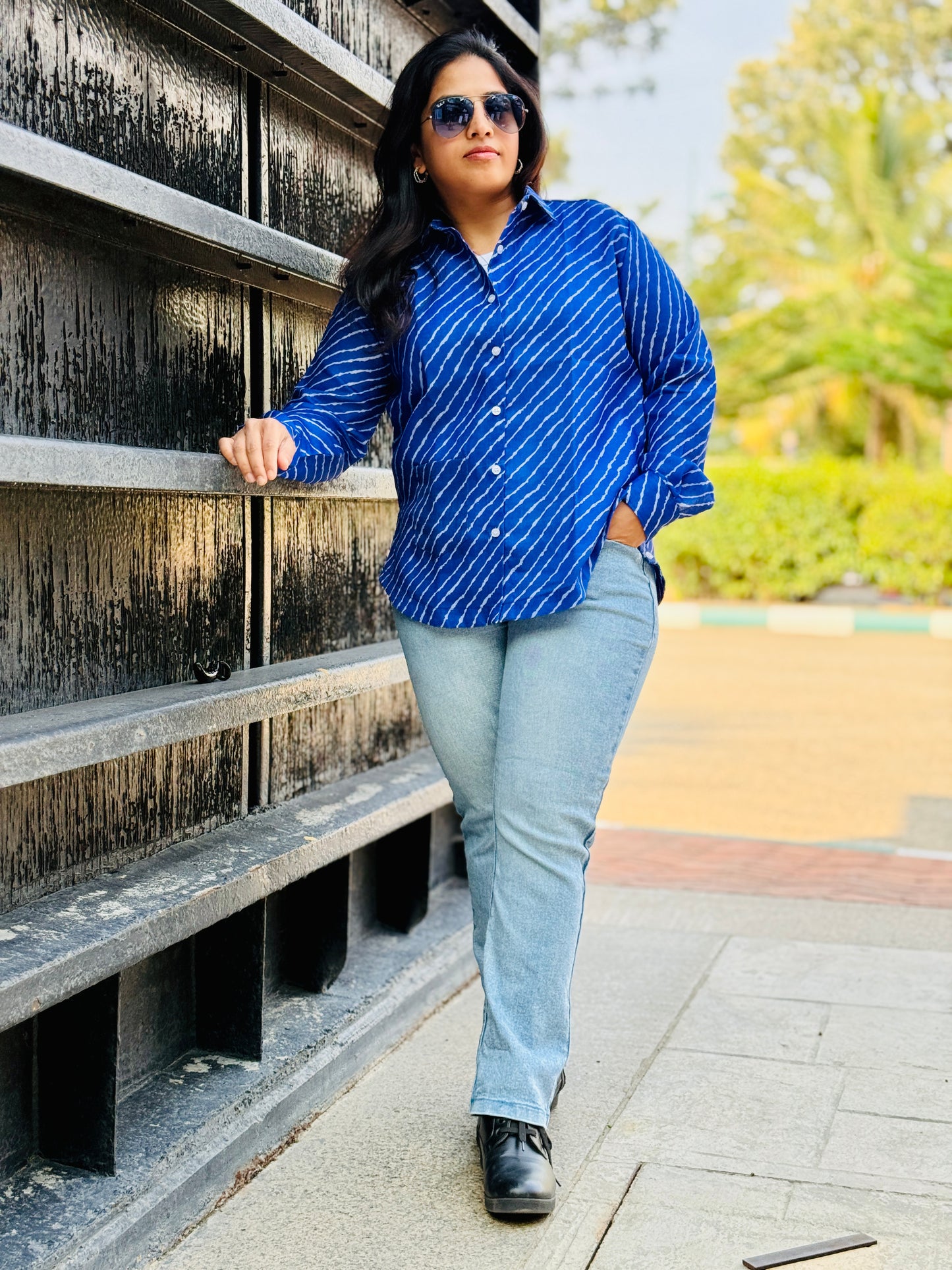 Women’s Robin Blue 100% Linen Cotton Shirt - Cross-Stripe Pattern