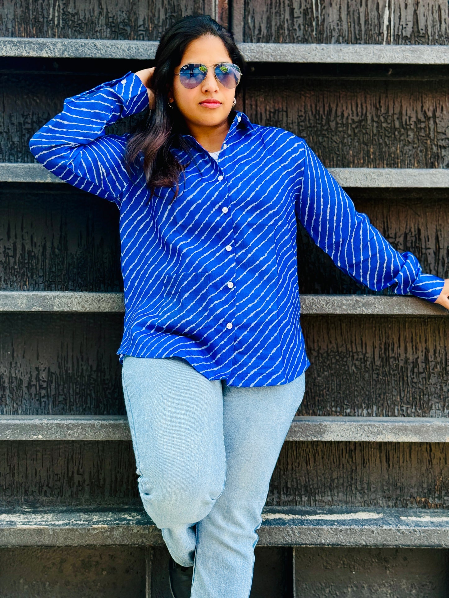 Women’s Robin Blue 100% Linen Cotton Shirt - Cross-Stripe Pattern