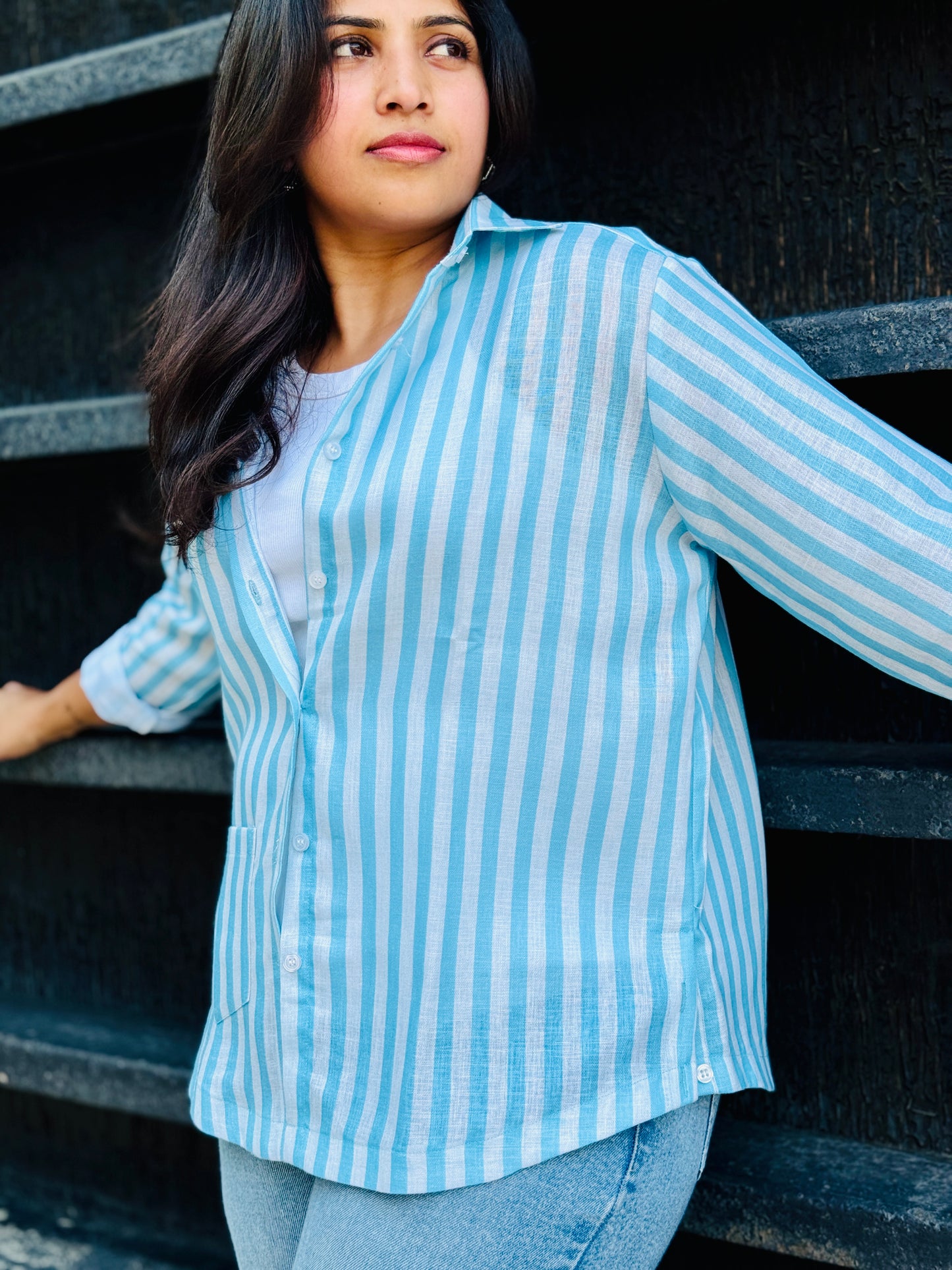 Women’s Sky Blue 100% Linen Cotton Striped Shirt