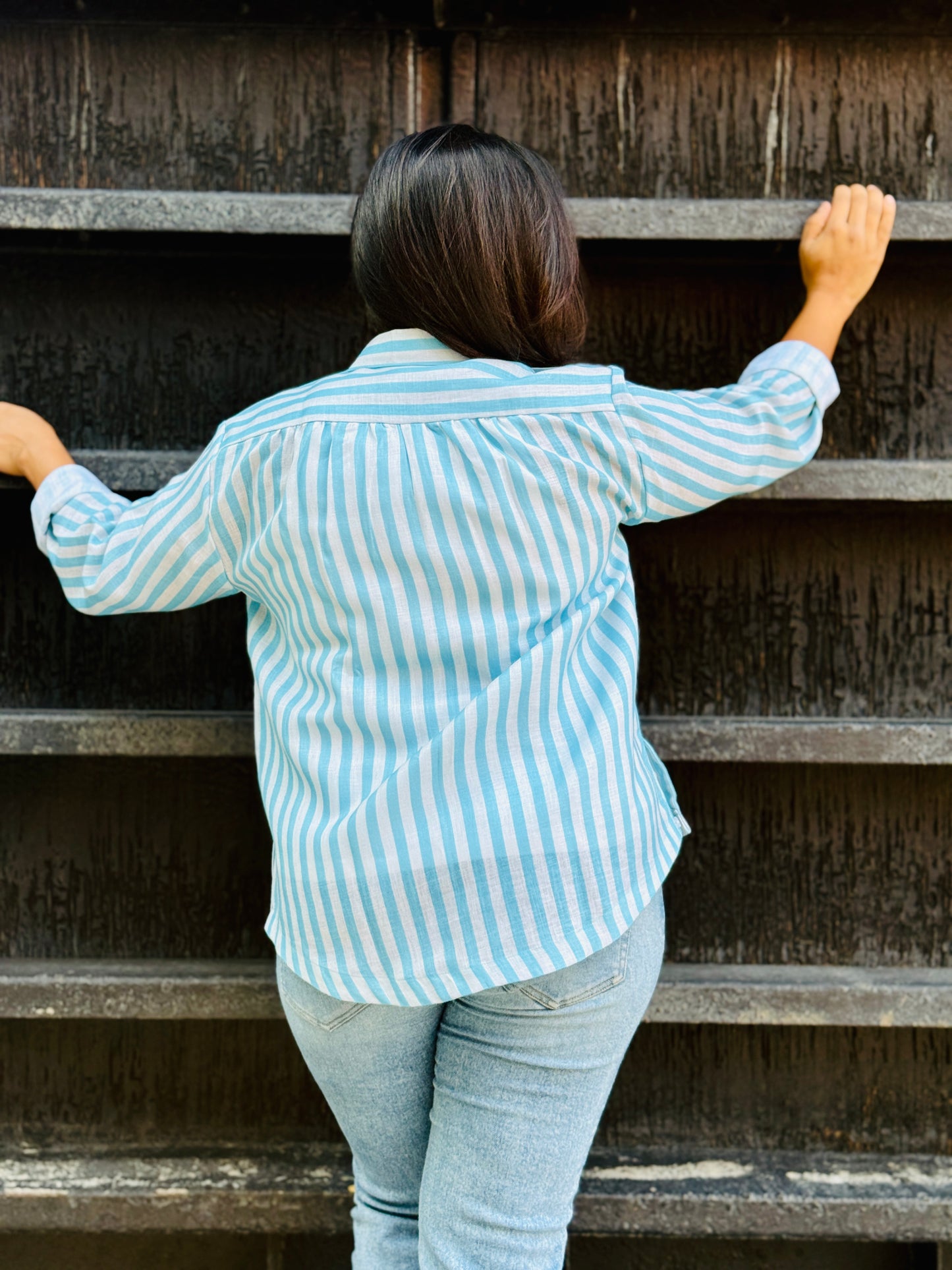 Women’s Sky Blue 100% Linen Cotton Striped Shirt