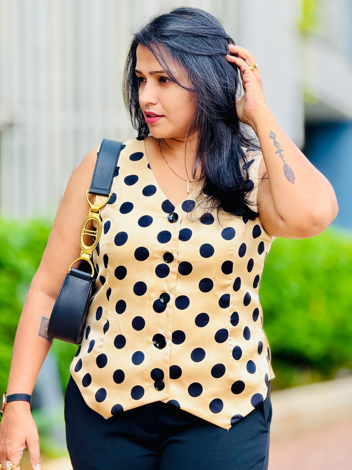 Women’s Golden Waistcoat with Polka Dots– French Crepe Vest