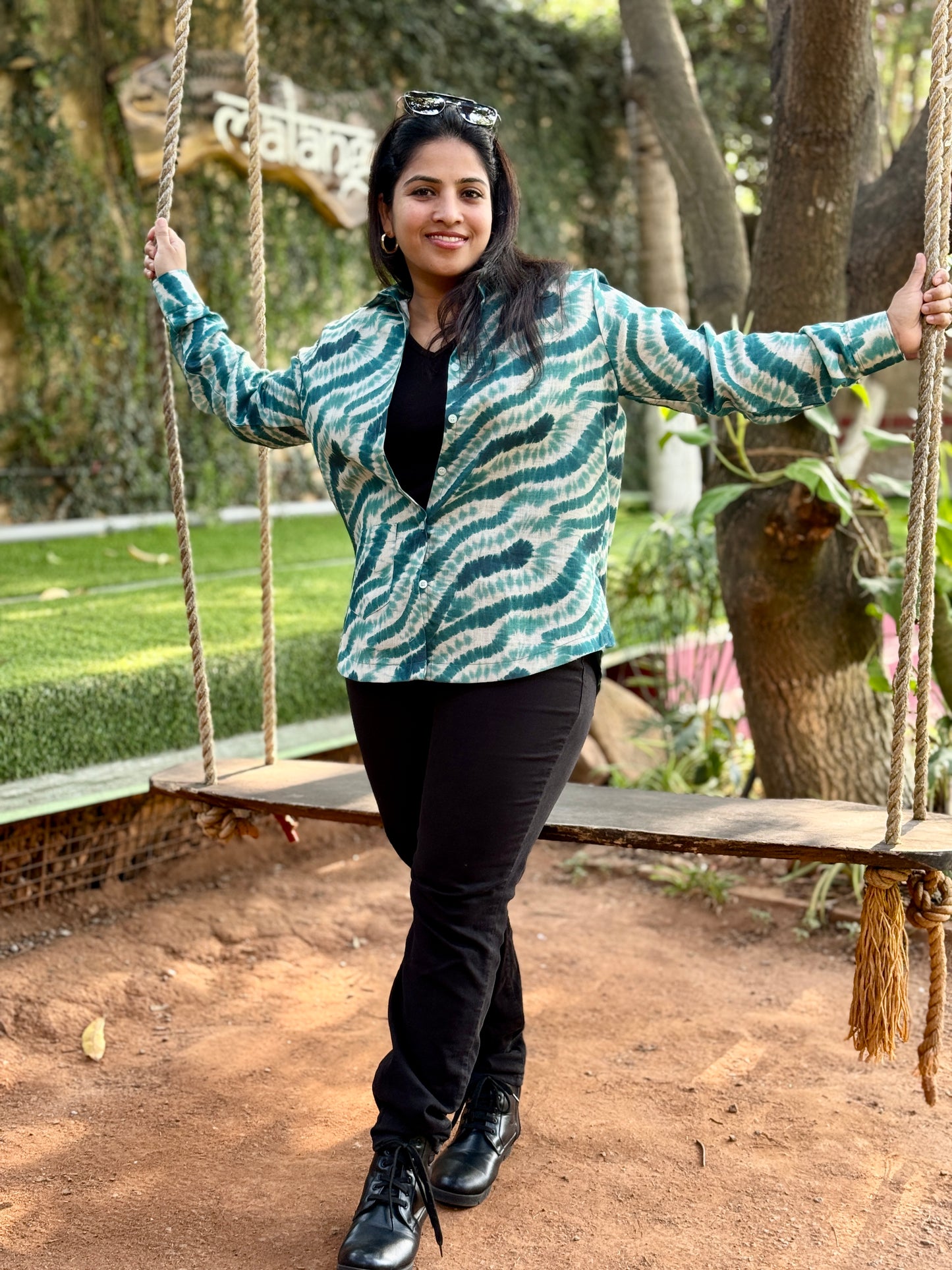 Women’s Green Linen Cotton Shirt — Marble Print