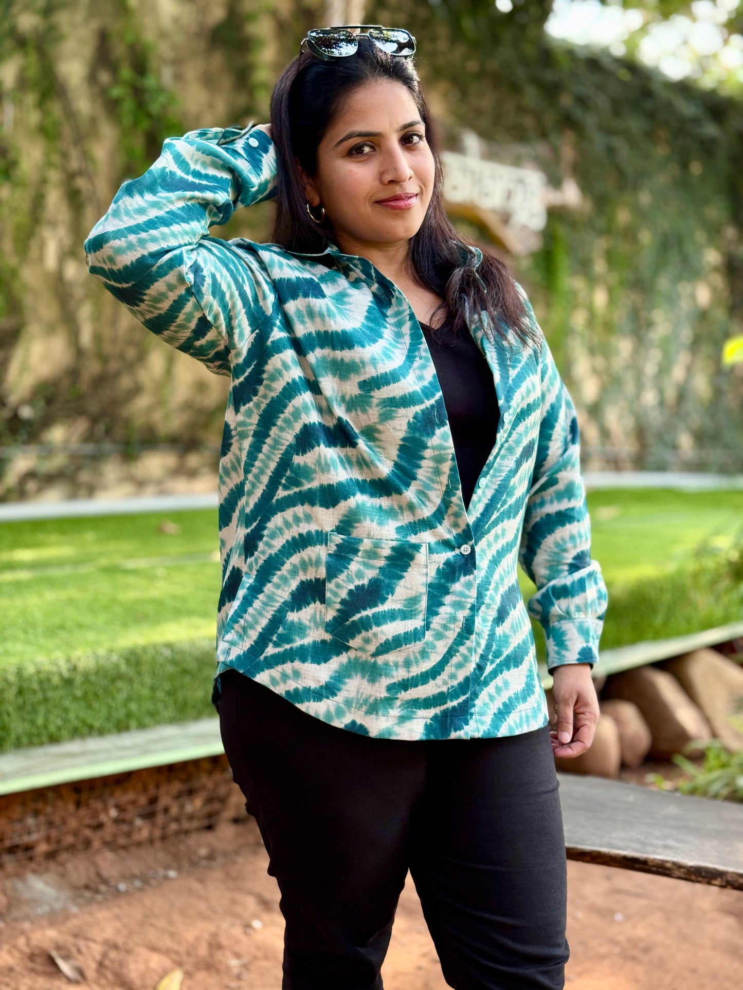 Women’s Green Linen Cotton Shirt — Marble Print