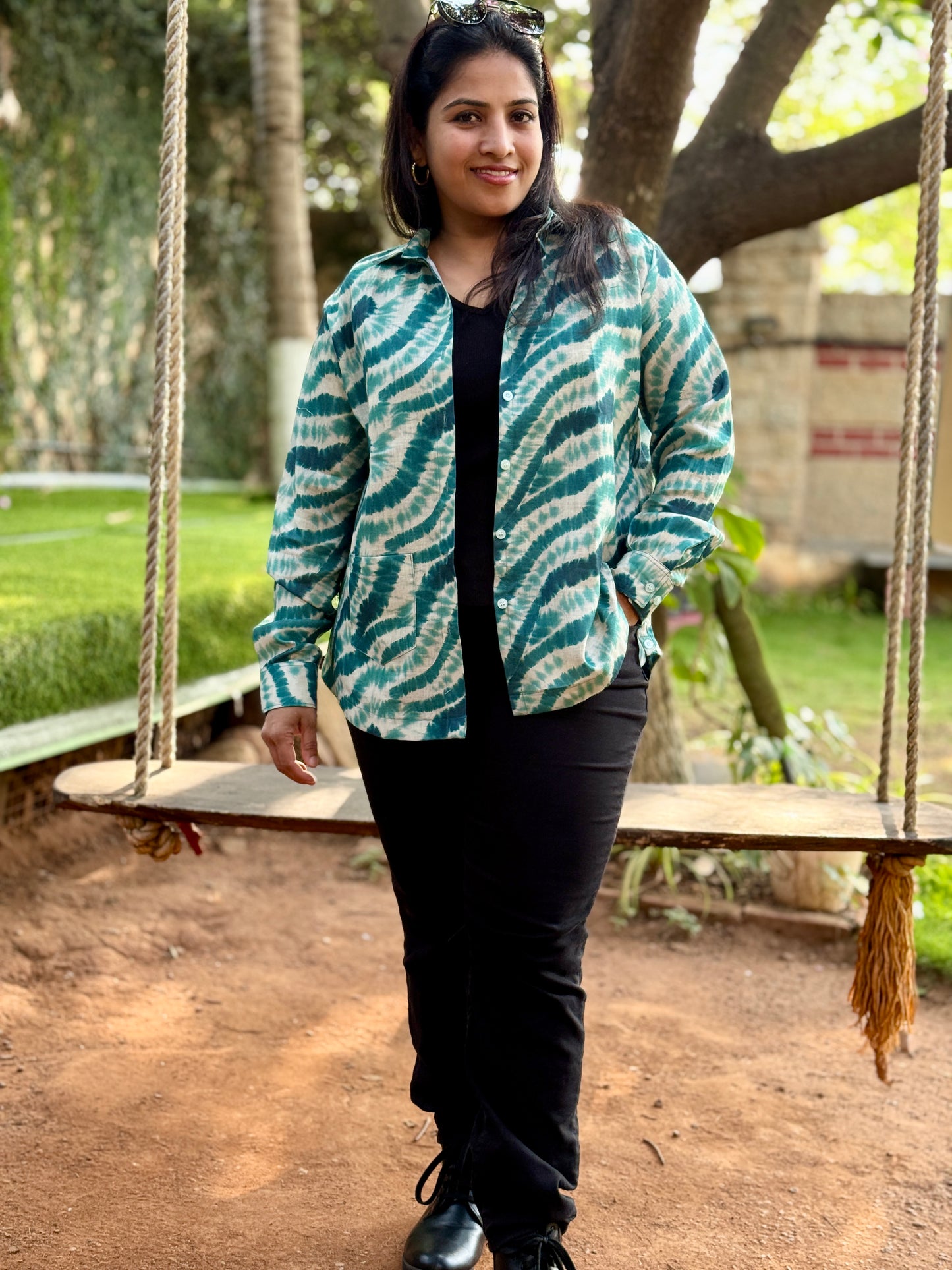 Women’s Green Linen Cotton Shirt — Marble Print