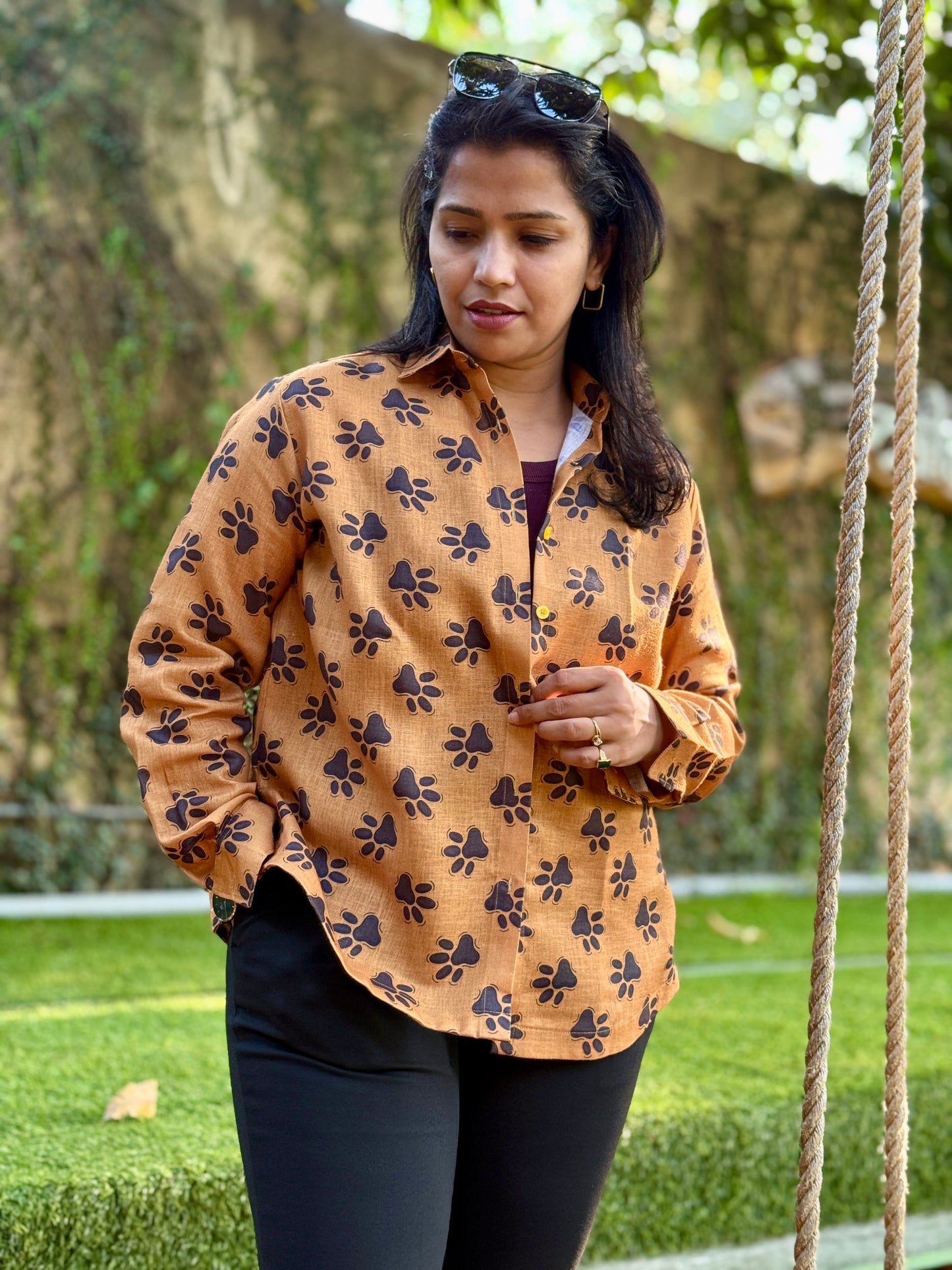 Women’s Mustard Yellow 100% Linen Cotton Shirt — Cute Paw Prints