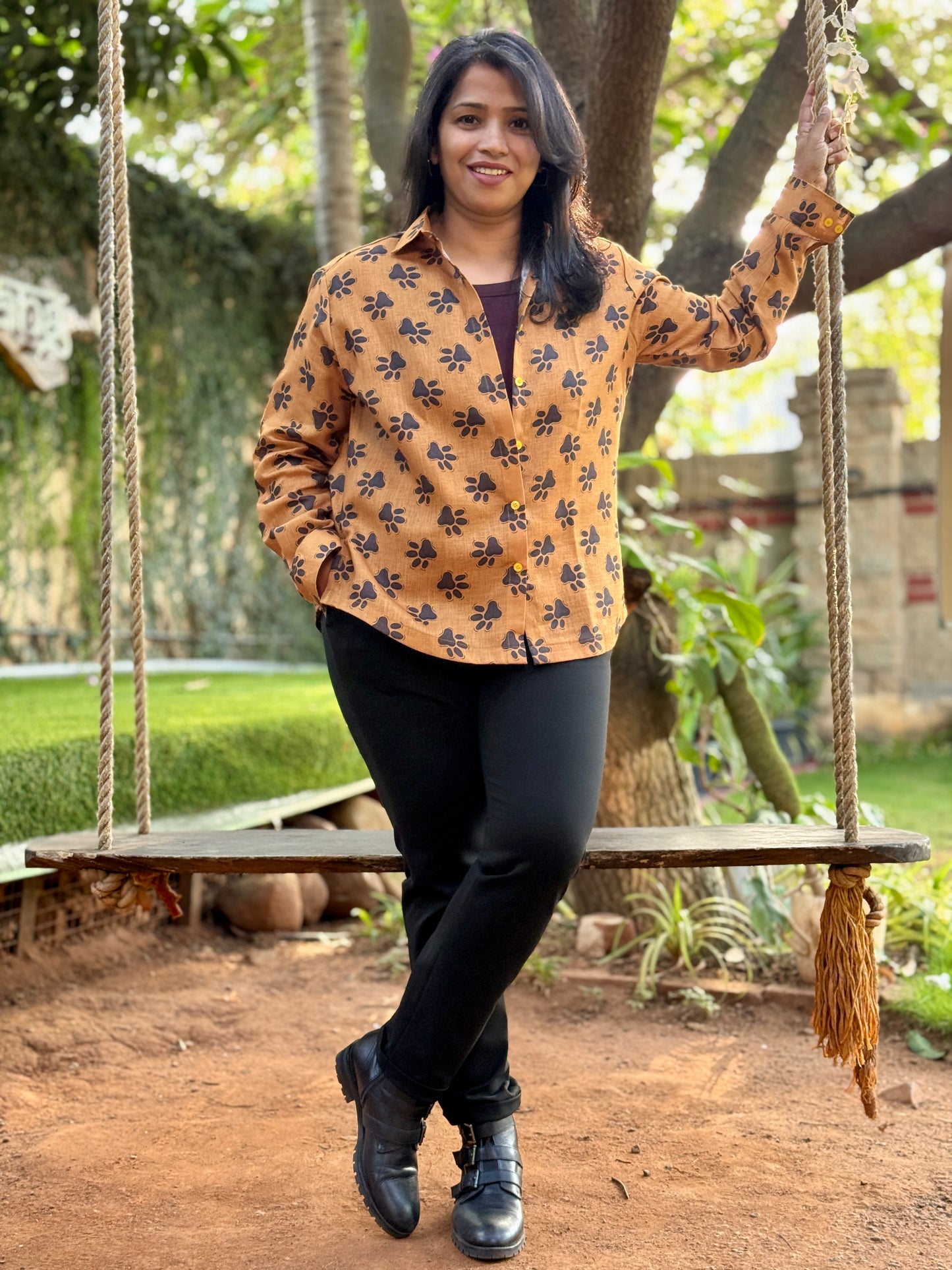 Women’s Mustard Yellow 100% Linen Cotton Shirt — Cute Paw Prints