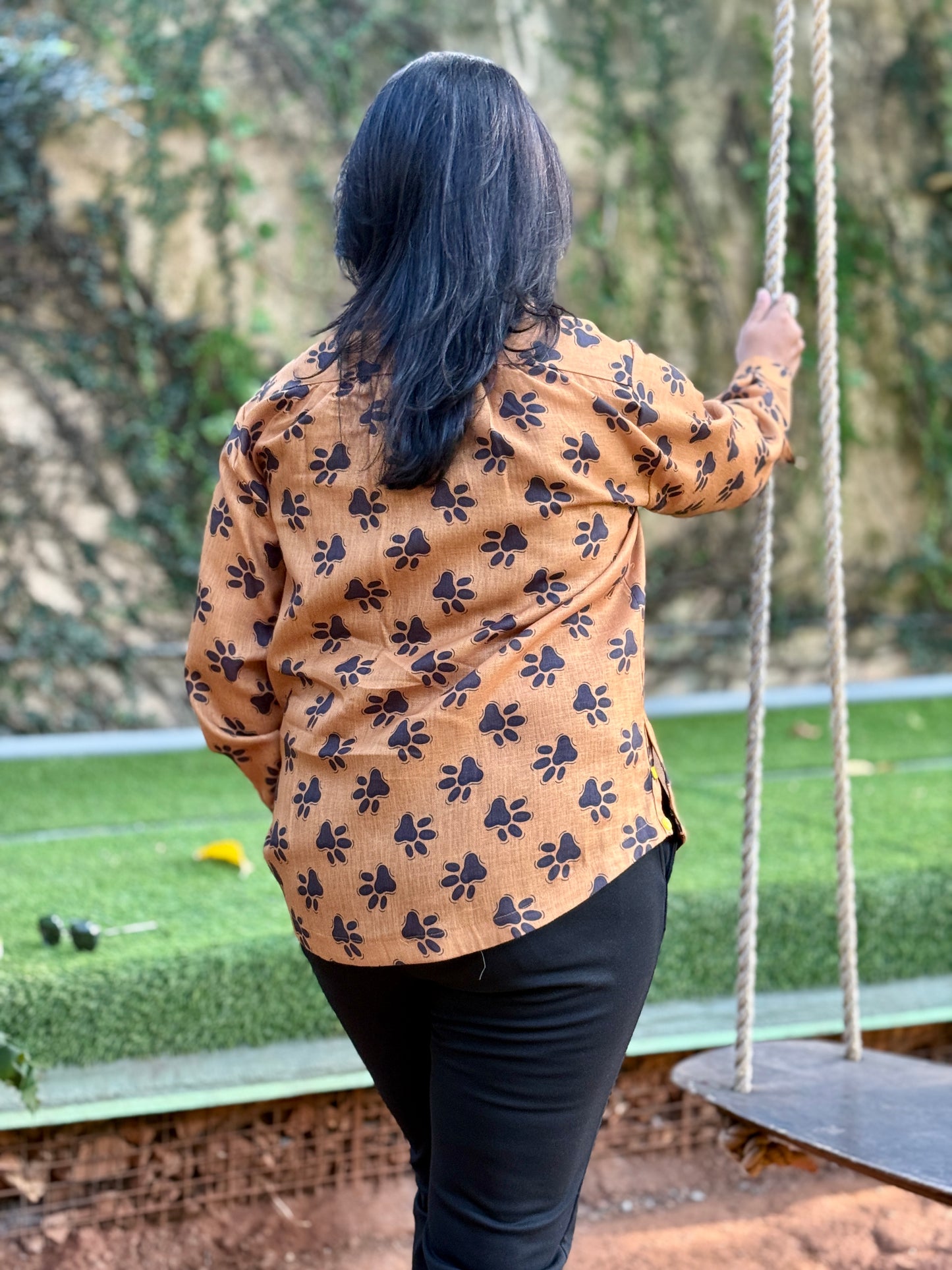 Women’s Mustard Yellow 100% Linen Cotton Shirt — Cute Paw Prints