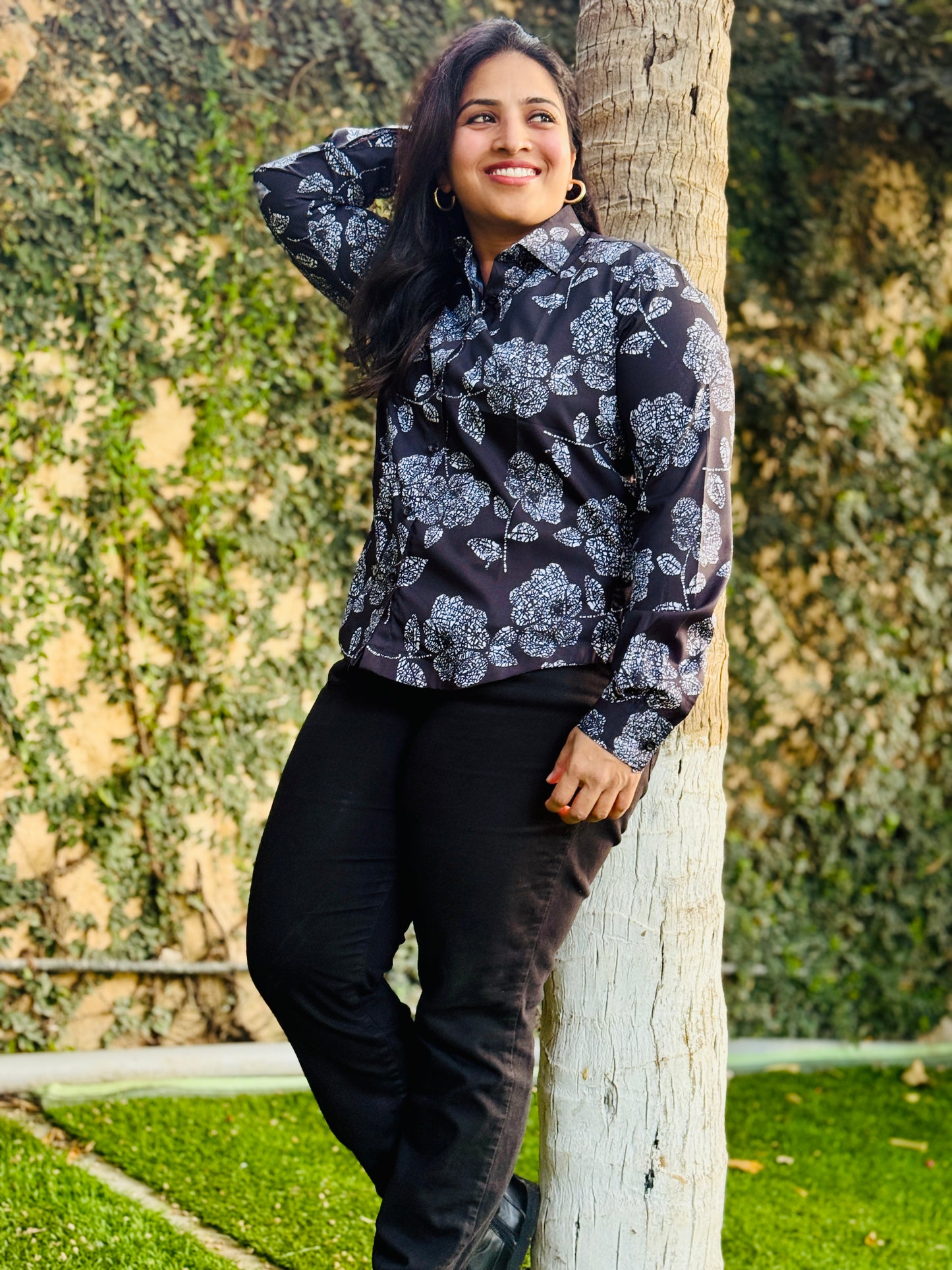 Women’s Black & White Crepe Cotton Shirt — Graphic Floral Print