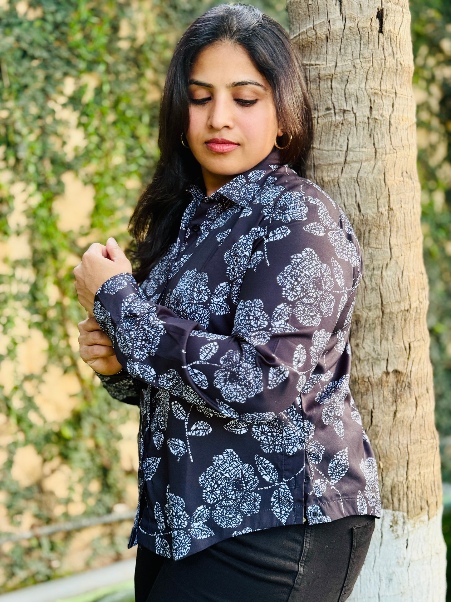 Women’s Black & White Crepe Cotton Shirt — Graphic Floral Print