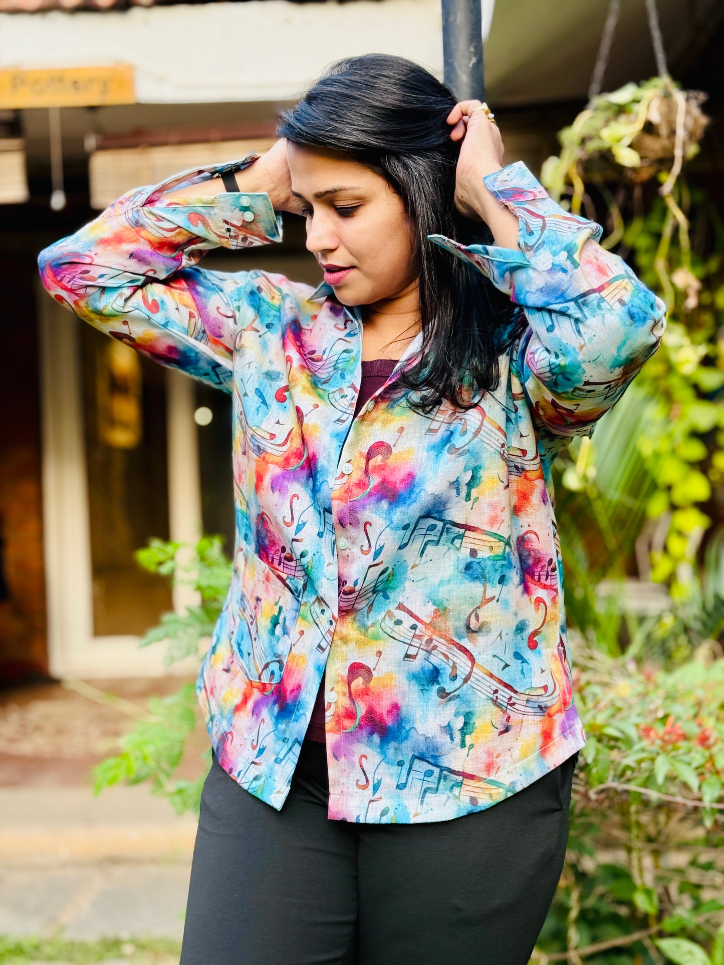 Women’s Blue & Pink 100% Linen Cotton Shirt - Music-Hues Print