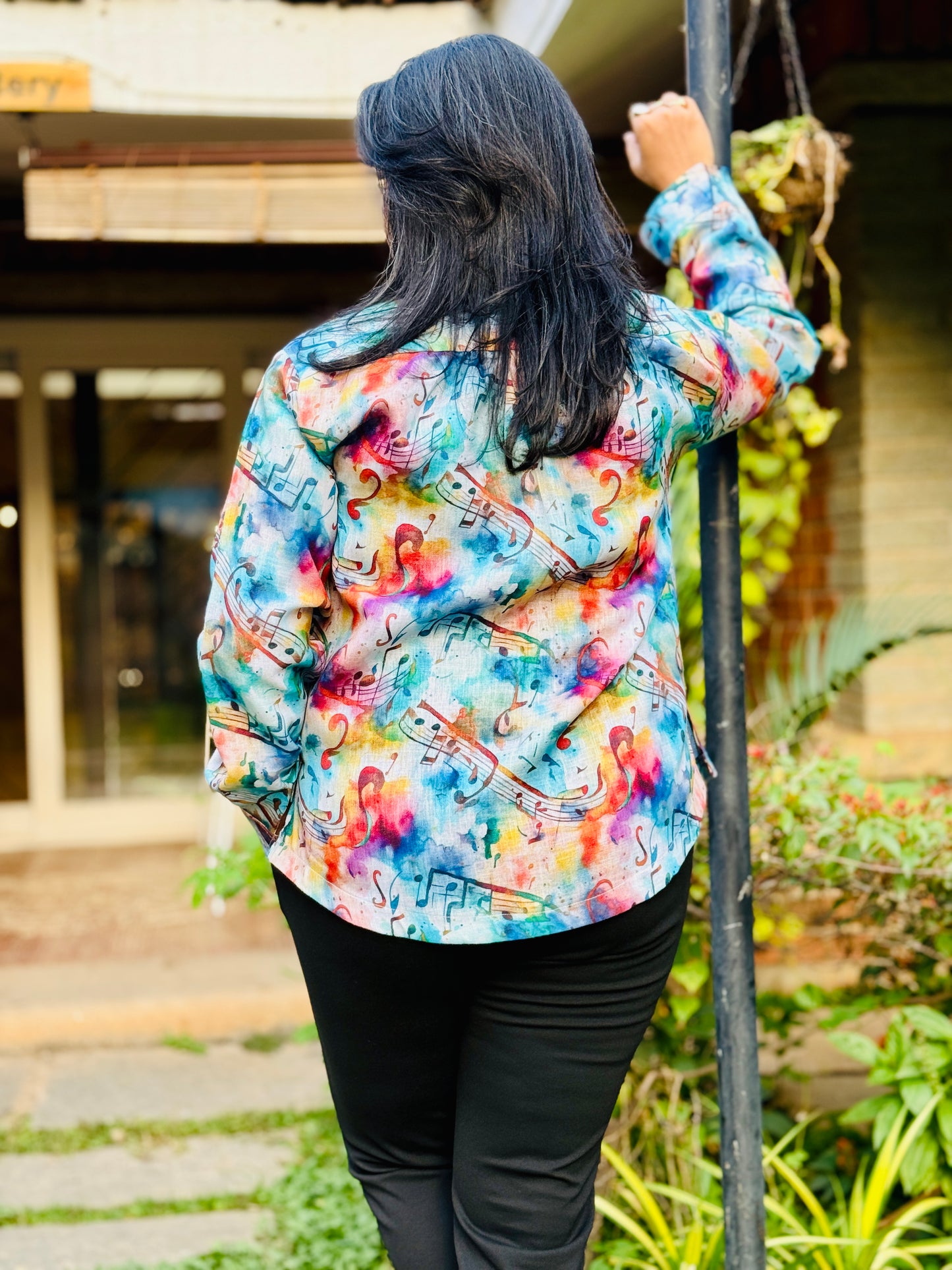 Women’s Blue & Pink 100% Linen Cotton Shirt - Music-Hues Print