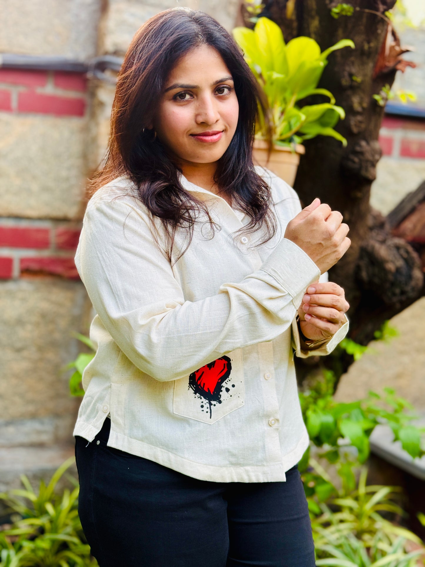 Women’s Beige 100% Khadi Cotton Striped Shirt