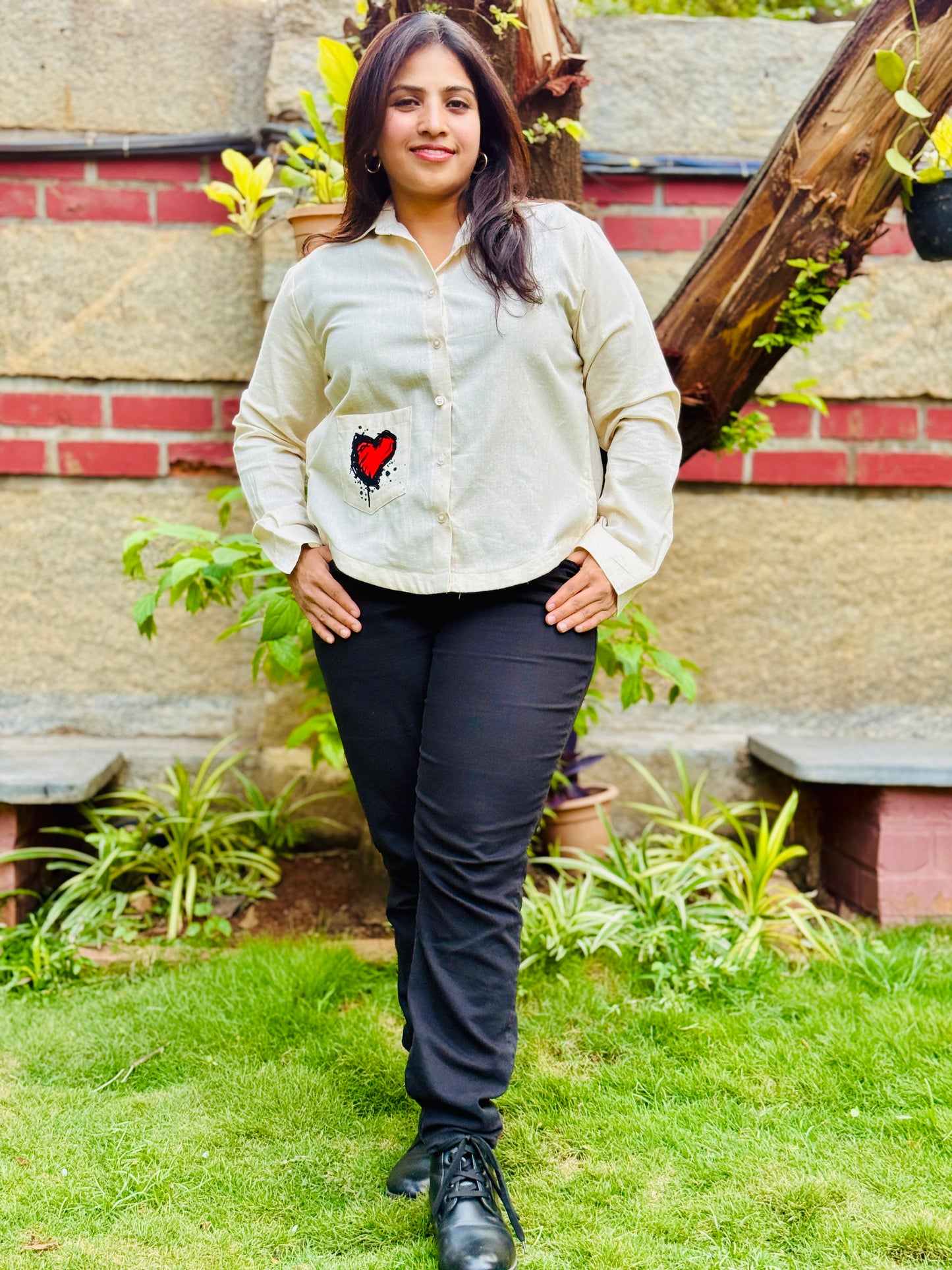 Women’s Beige 100% Khadi Cotton Striped Shirt