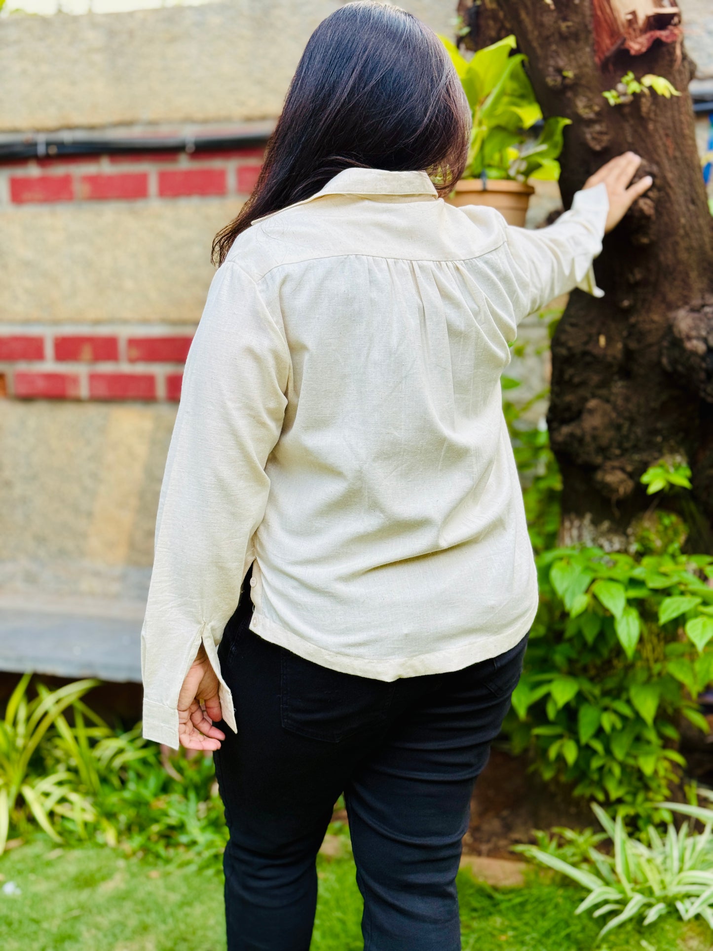 Women’s Beige 100% Khadi Cotton Striped Shirt