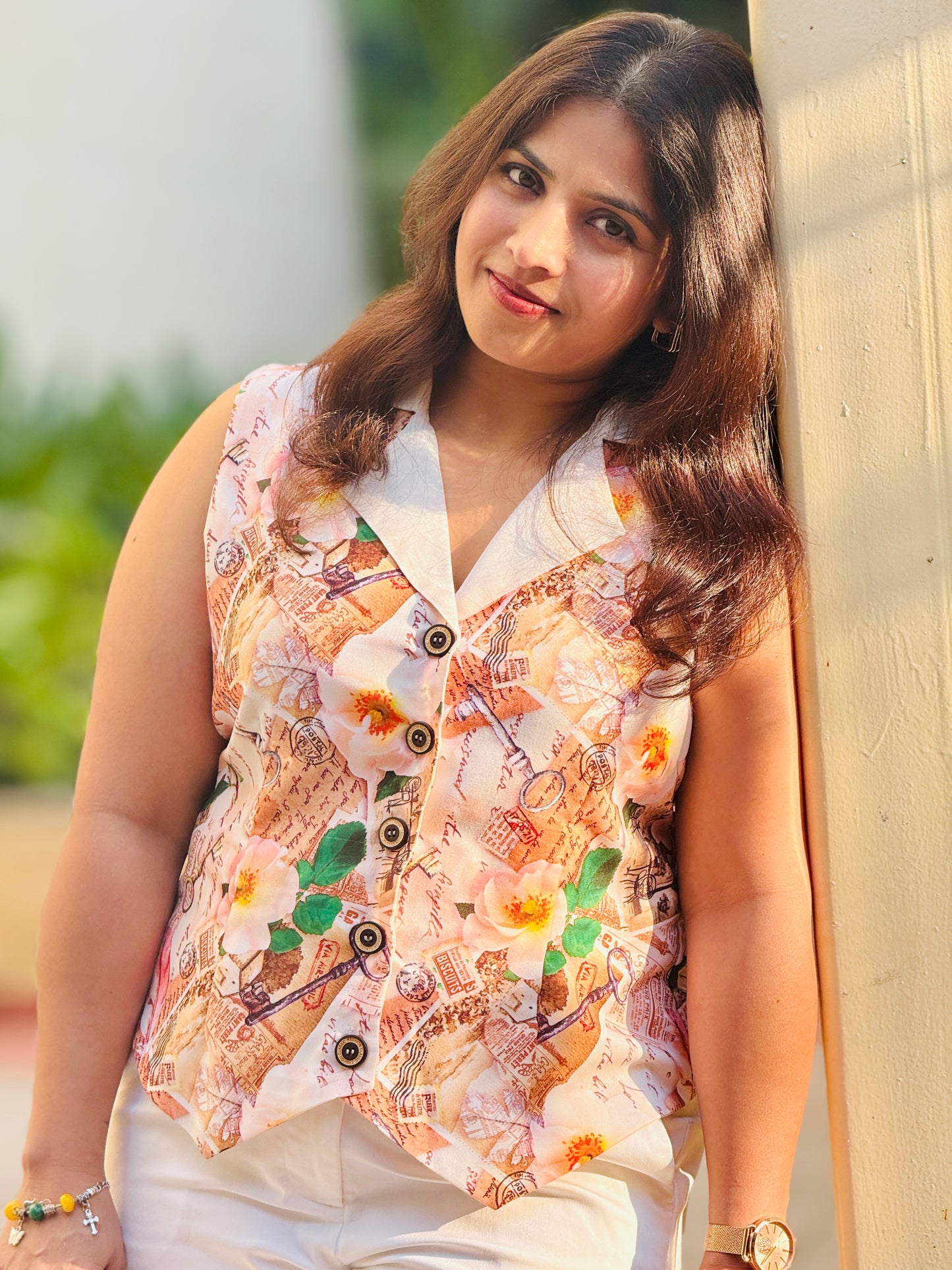 Women’s Brown & Baby Pink Waistcoat – Rayon Vest with Newspaper Pattern Digital Print