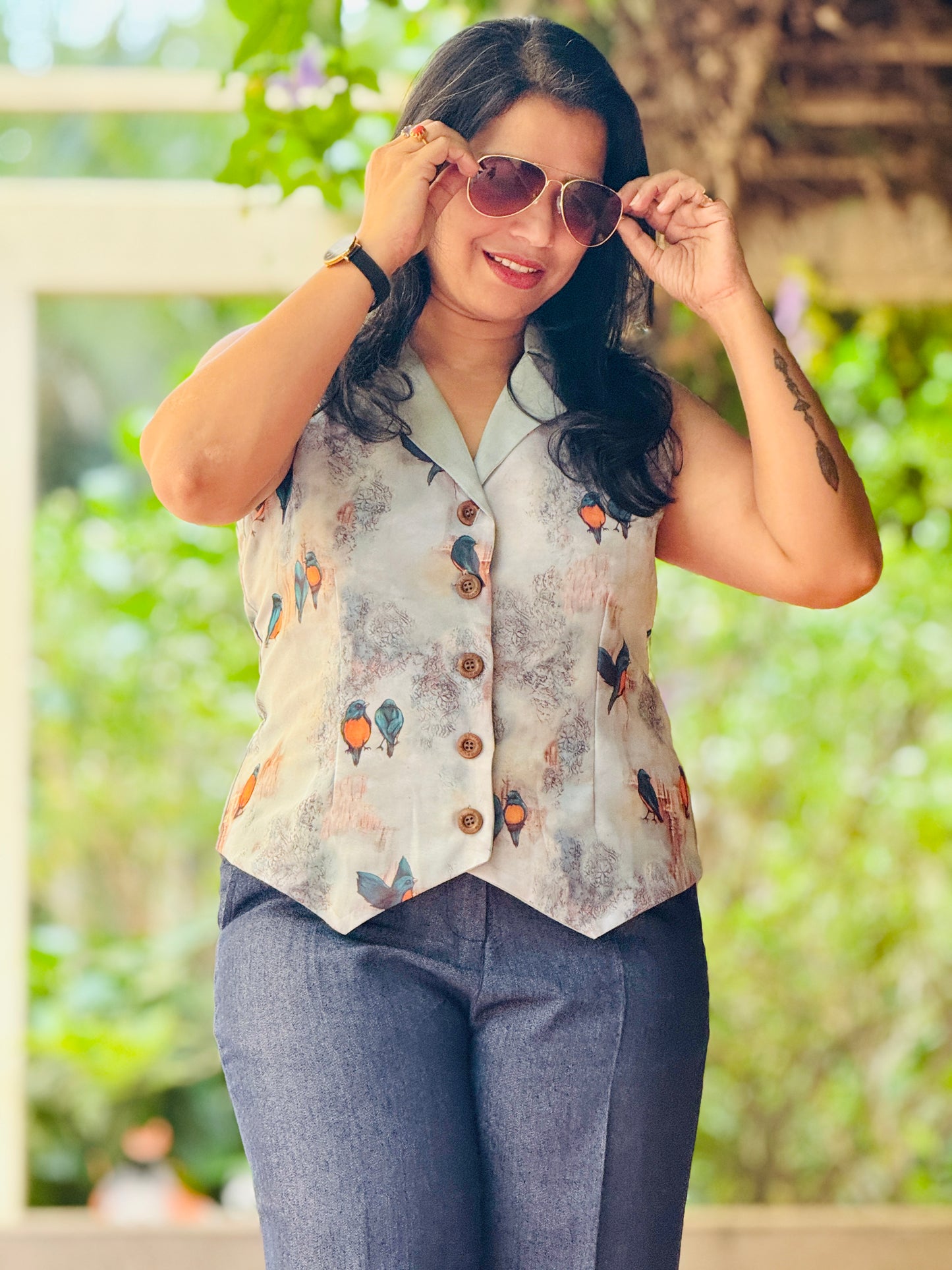 Women’s Blue & Green Waistcoat – Premium Georgette with Birds Print