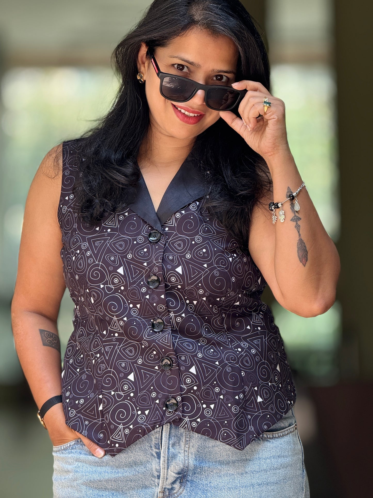 Women’s Black Waistcoat – Crepe Vest with Abstract Spiral Prints