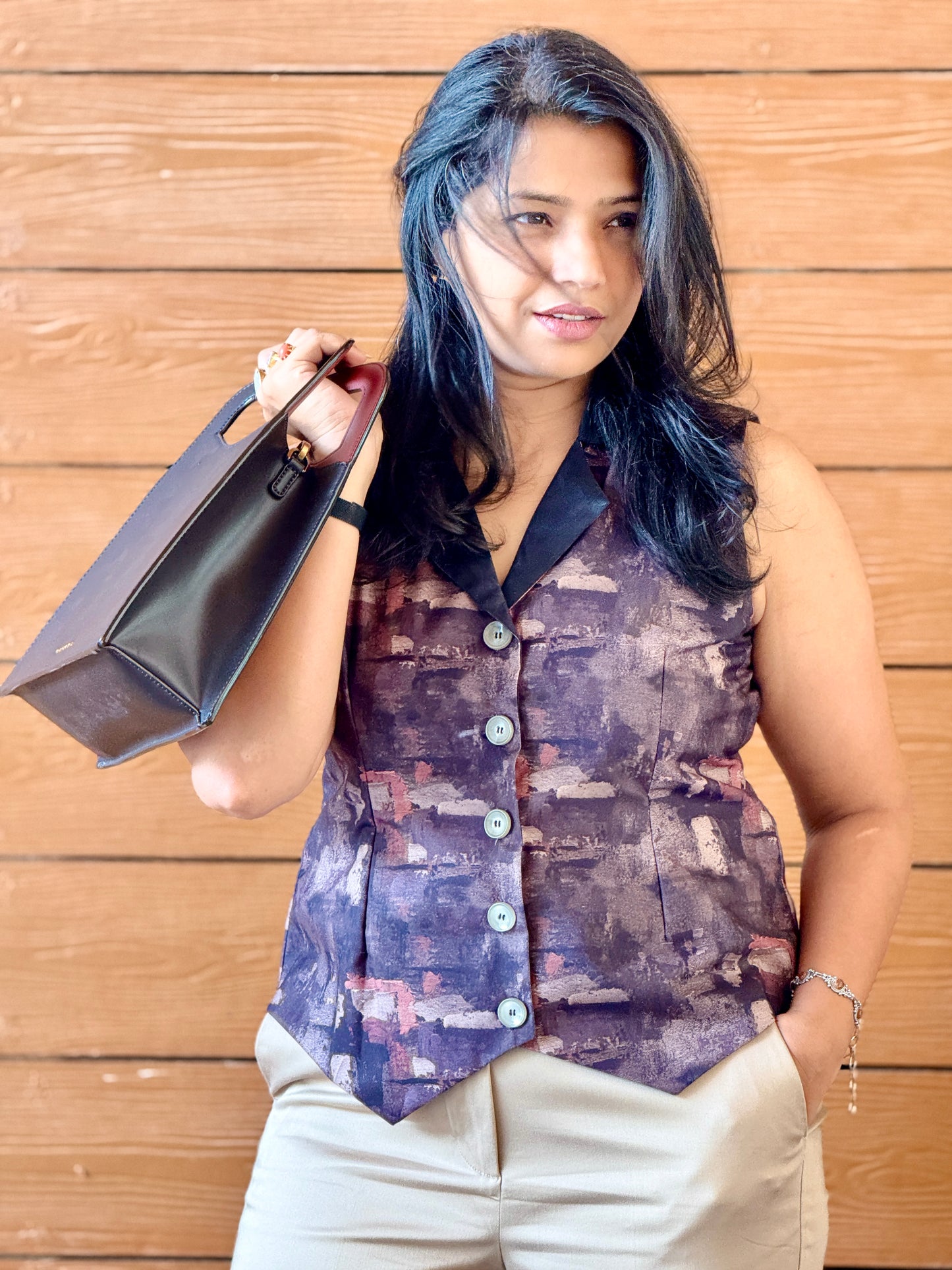 Women’s Beige & Black Waistcoat – Canvas Cotton Vest with Shiny Sliced Print