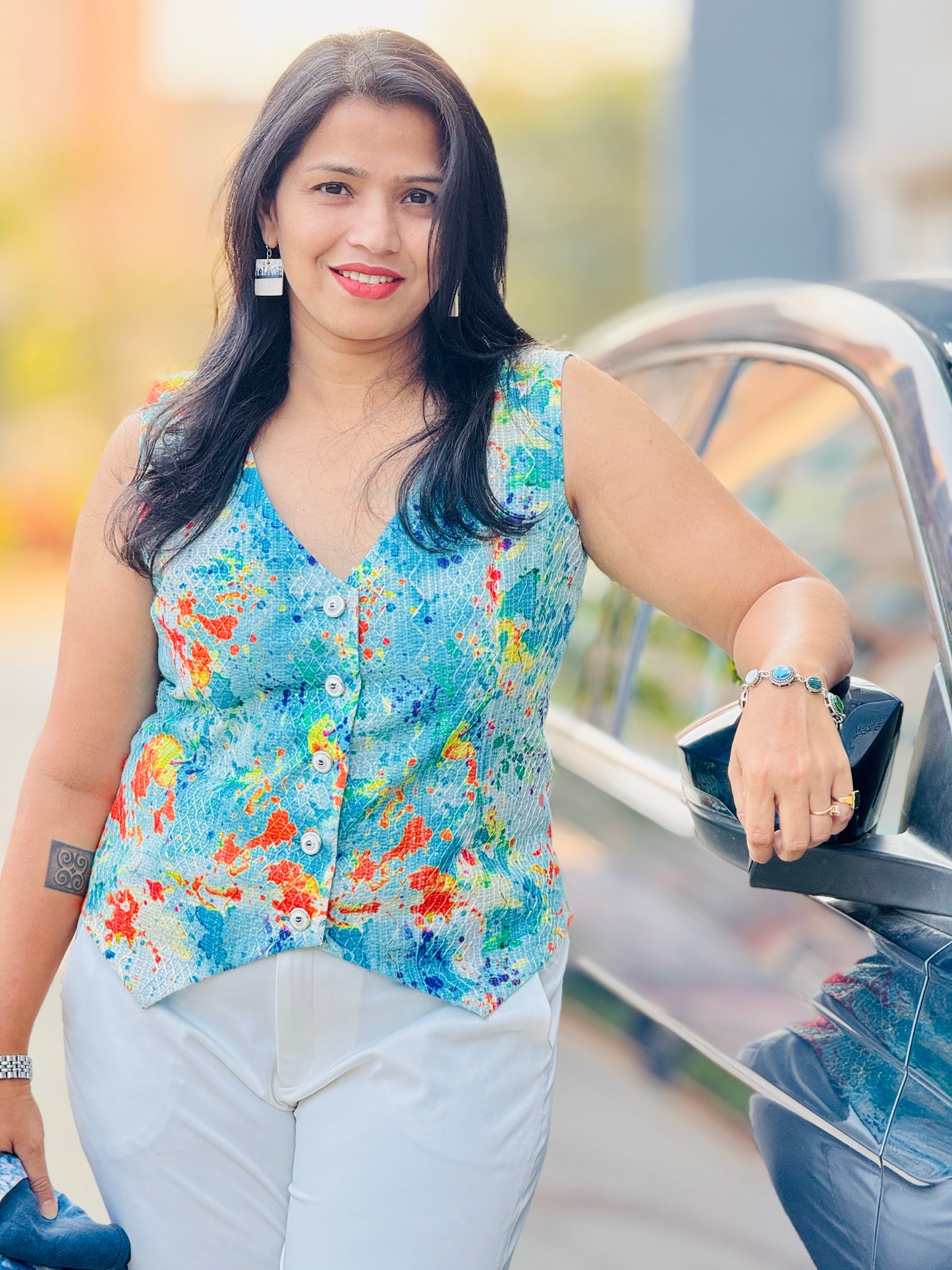 Women’s Blue Waistcoat – Bangalori Silk Vest with Multicolor Hues & Zari Work