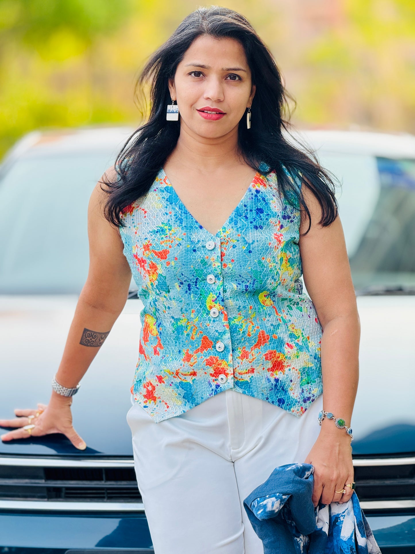 Women’s Blue Waistcoat – Bangalori Silk Vest with Multicolor Hues & Zari Work