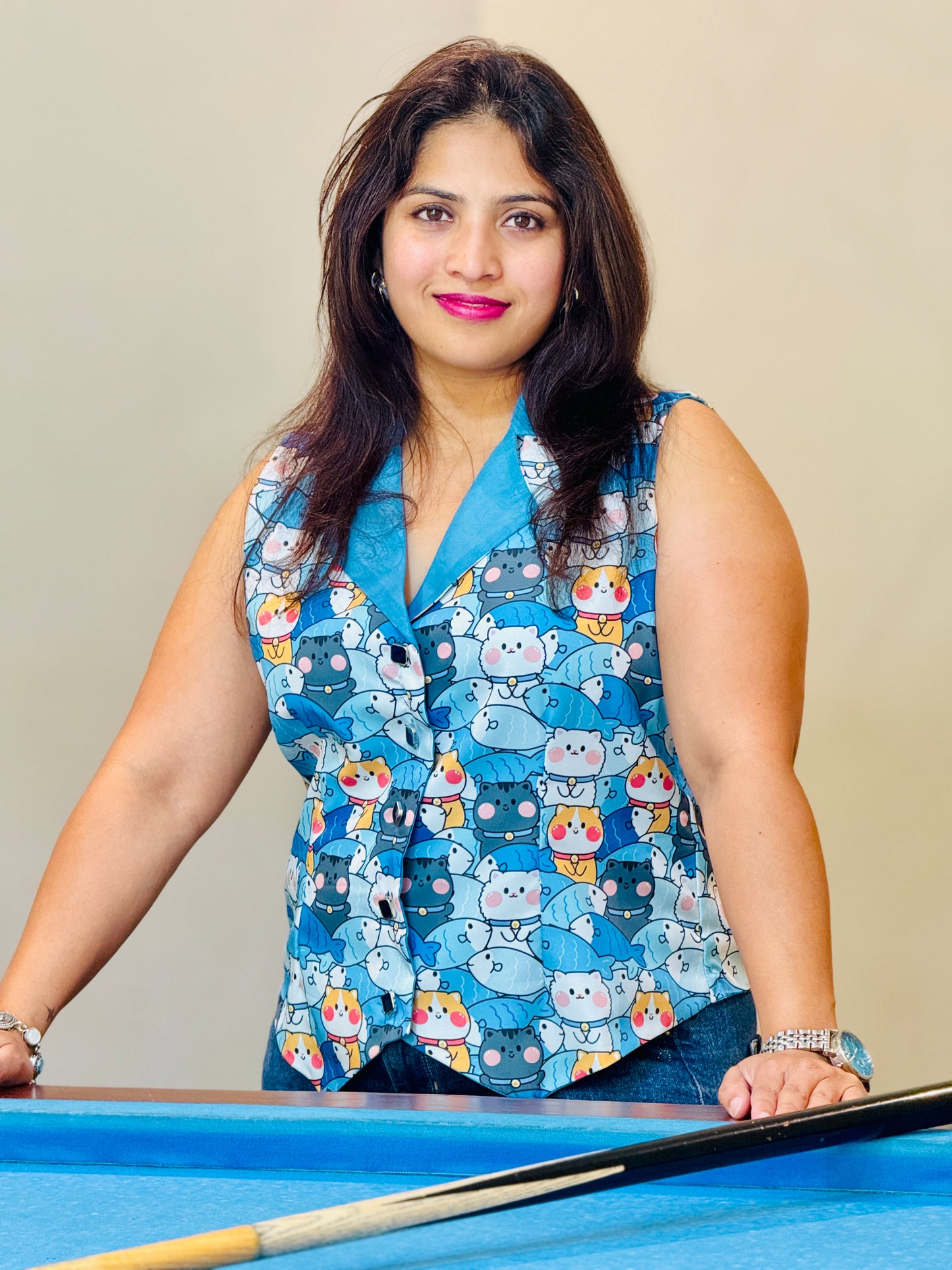 Women’s Blue & Pink Waistcoat – Crepe Vest with Cat & Fish Print