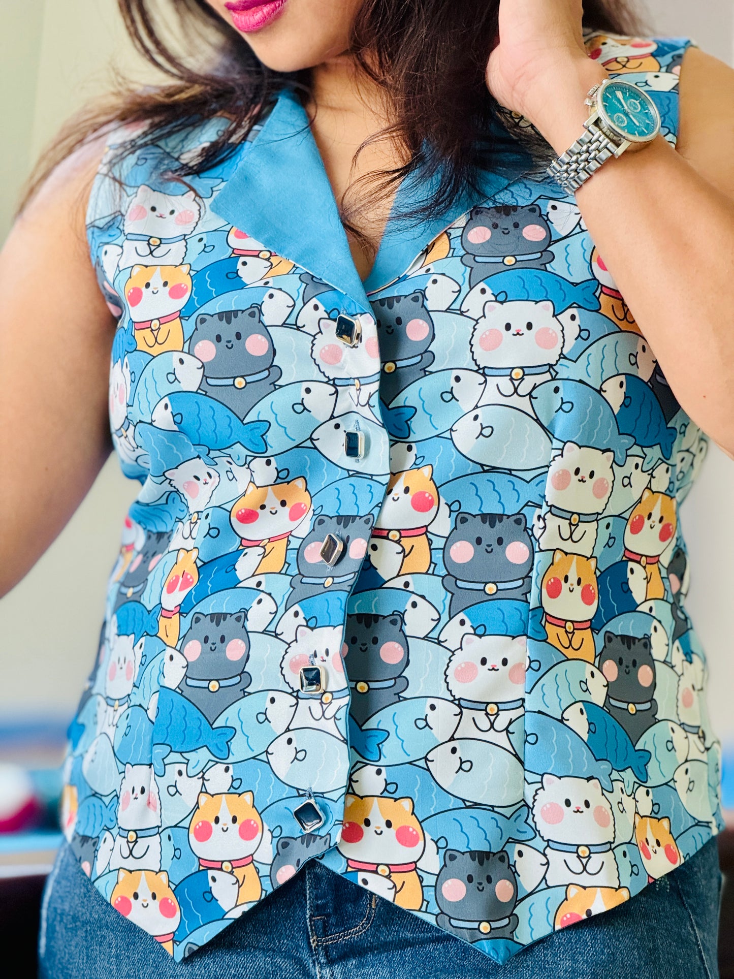 Women’s Blue & Pink Waistcoat – Crepe Vest with Cat & Fish Print