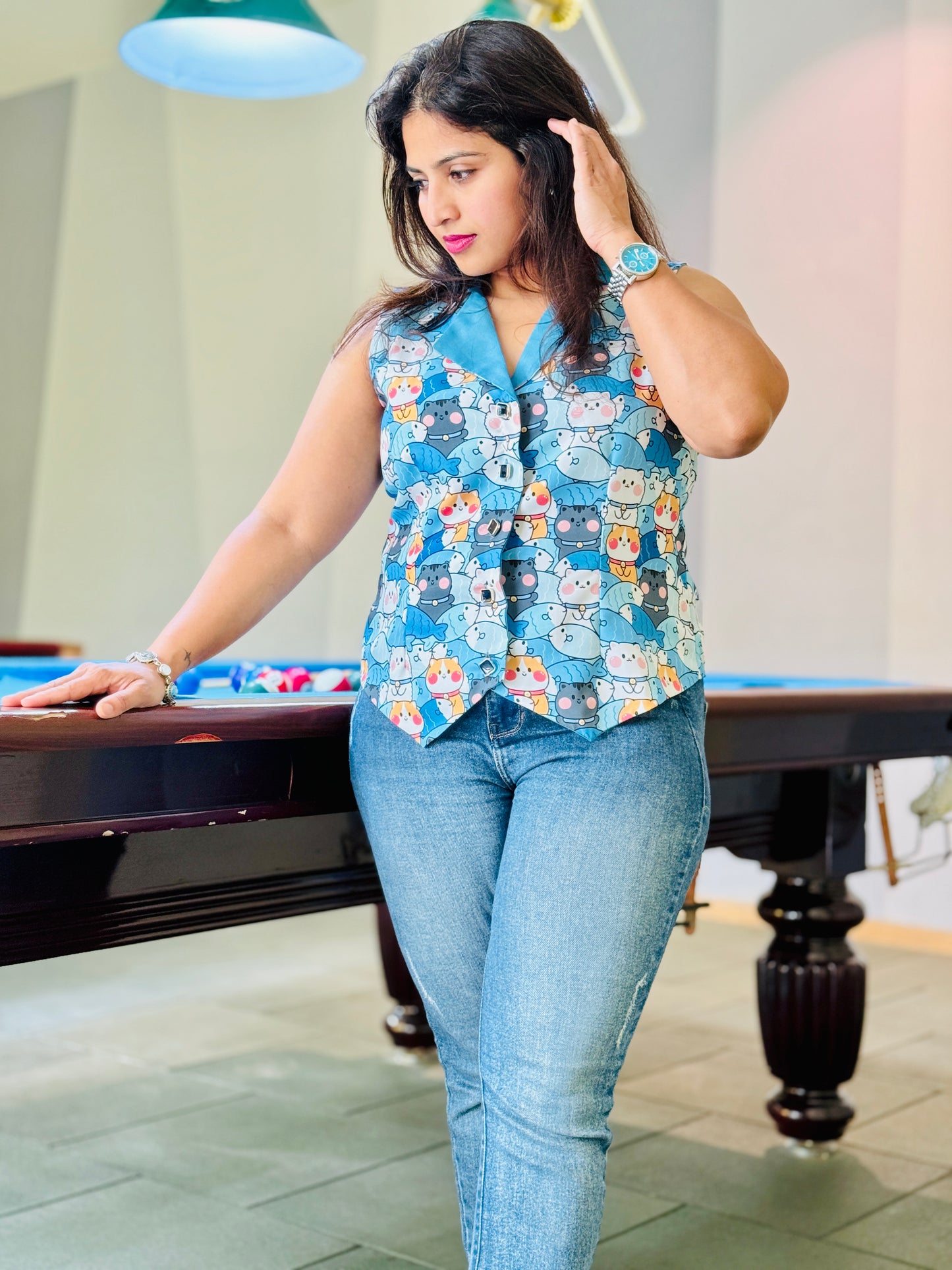 Women’s Blue & Pink Waistcoat – Crepe Vest with Cat & Fish Print