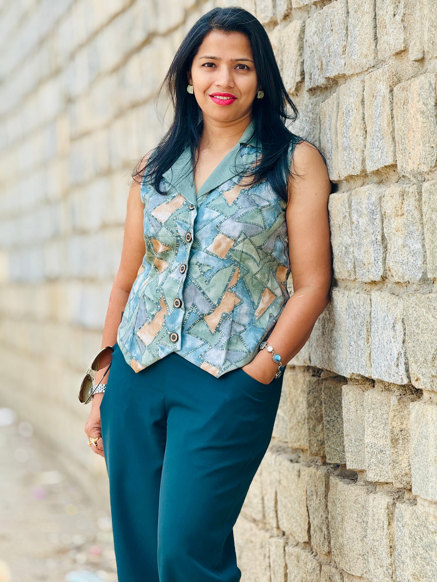 Women’s Blue & Green Waistcoat – Premium Cotton Blend with Geometric Prints