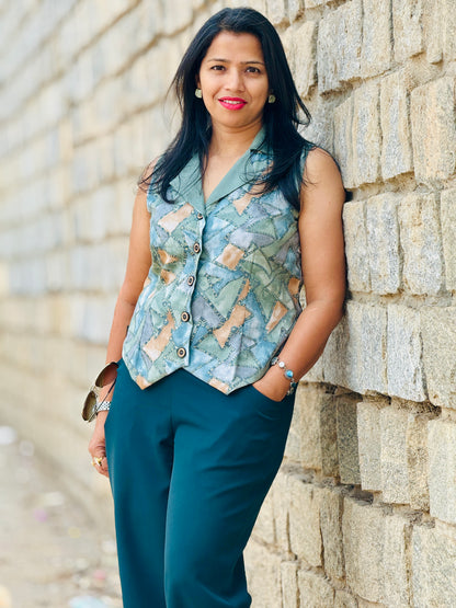 Women’s Blue & Green Waistcoat – Premium Cotton Blend with Geometric Prints