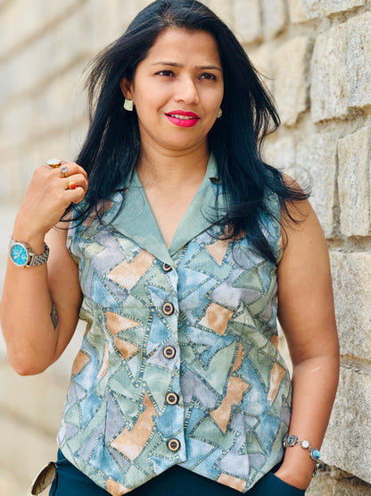 Women’s Blue & Green Waistcoat – Premium Cotton Blend with Geometric Prints