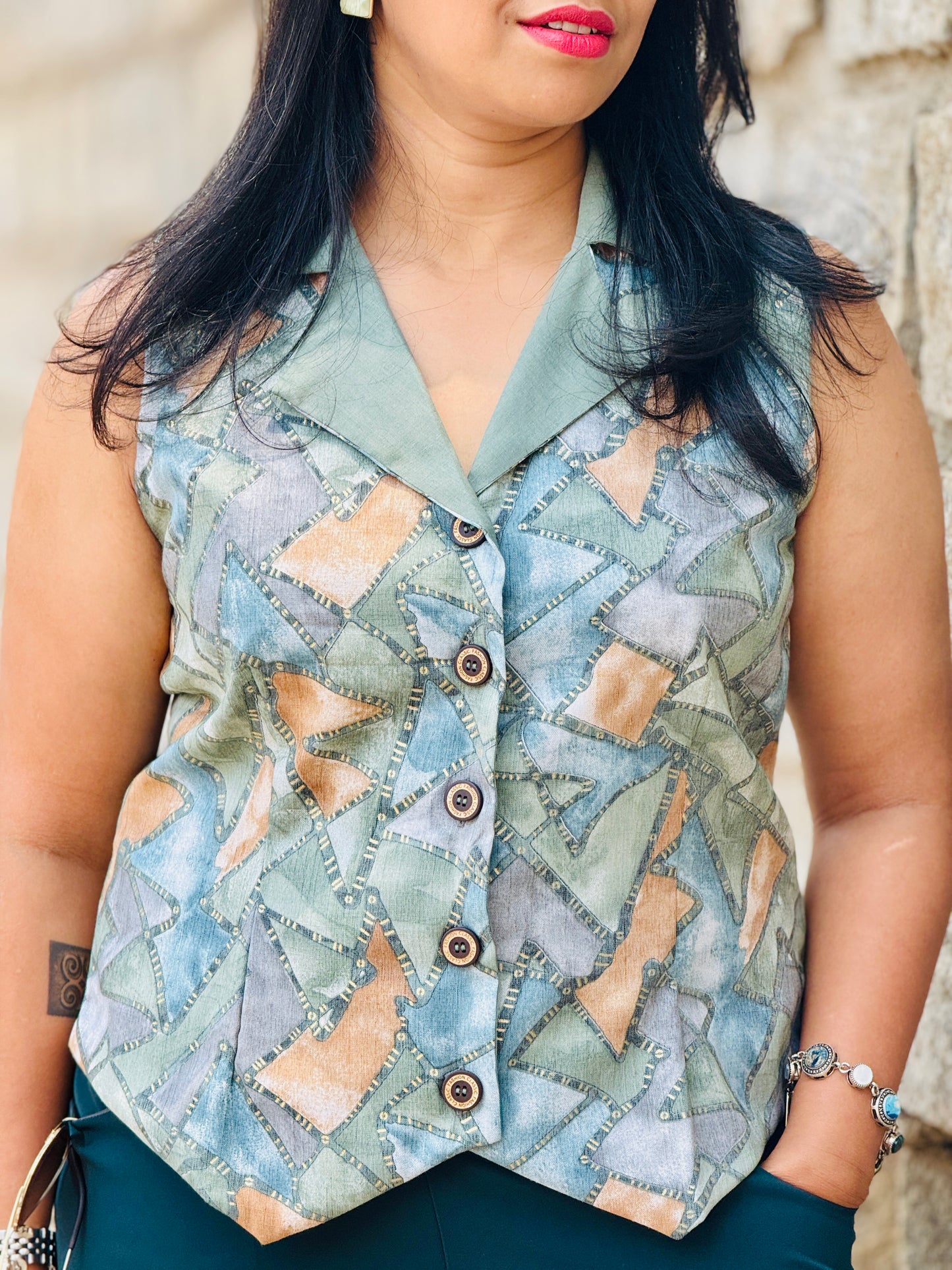 Women’s Blue & Green Waistcoat – Premium Cotton Blend with Geometric Prints