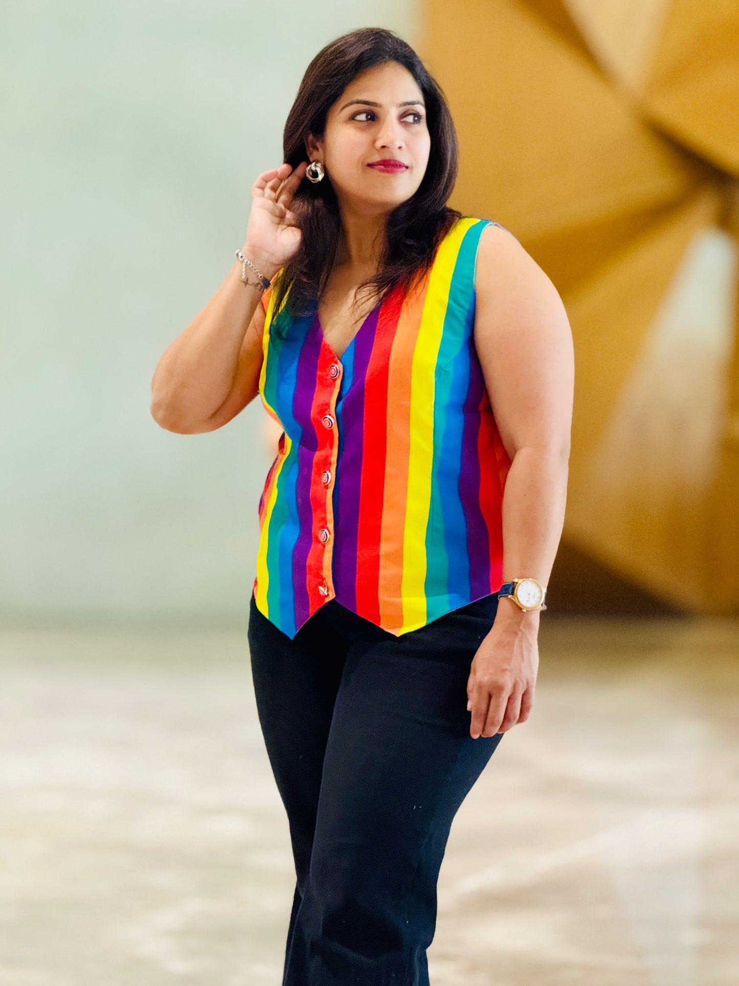 Women’s Rainbow Colours Waistcoat – Crepe Vest with Coloured Stripes