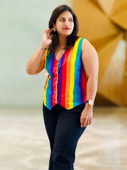 Women’s Rainbow Colours Waistcoat – Crepe Vest with Coloured Stripes