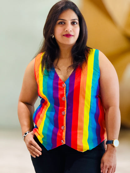 Women’s Rainbow Colours Waistcoat – Crepe Vest with Coloured Stripes