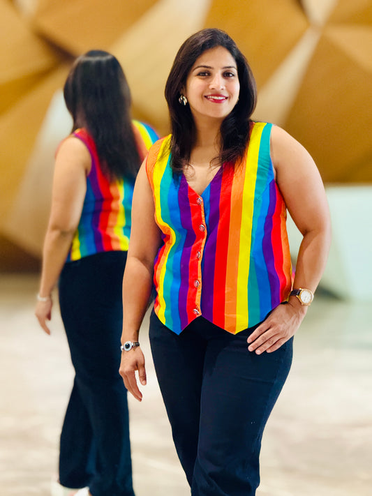 Women’s Rainbow Colours Waistcoat – Crepe Vest with Coloured Stripes
