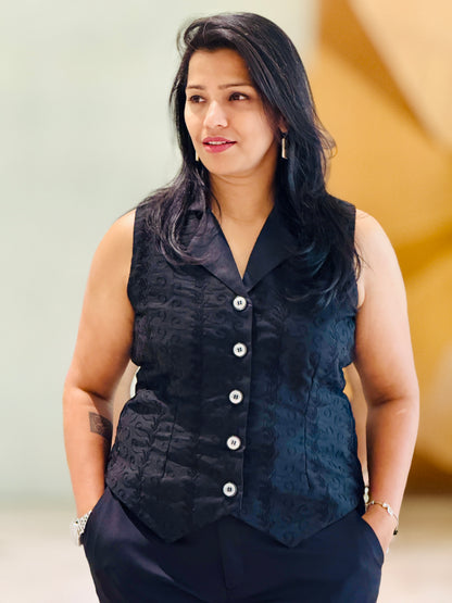 Women’s Black Waistcoat – Premium Chikankari Vest with Thread Work