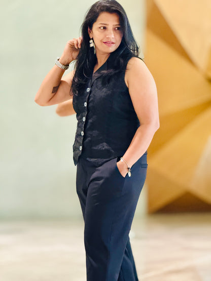 Women’s Black Waistcoat – Premium Chikankari Vest with Thread Work