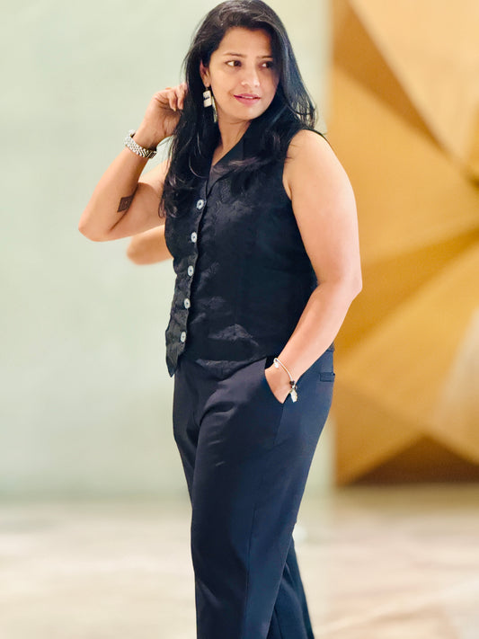 Women’s Black Waistcoat – Premium Chikankari Vest with Thread Work
