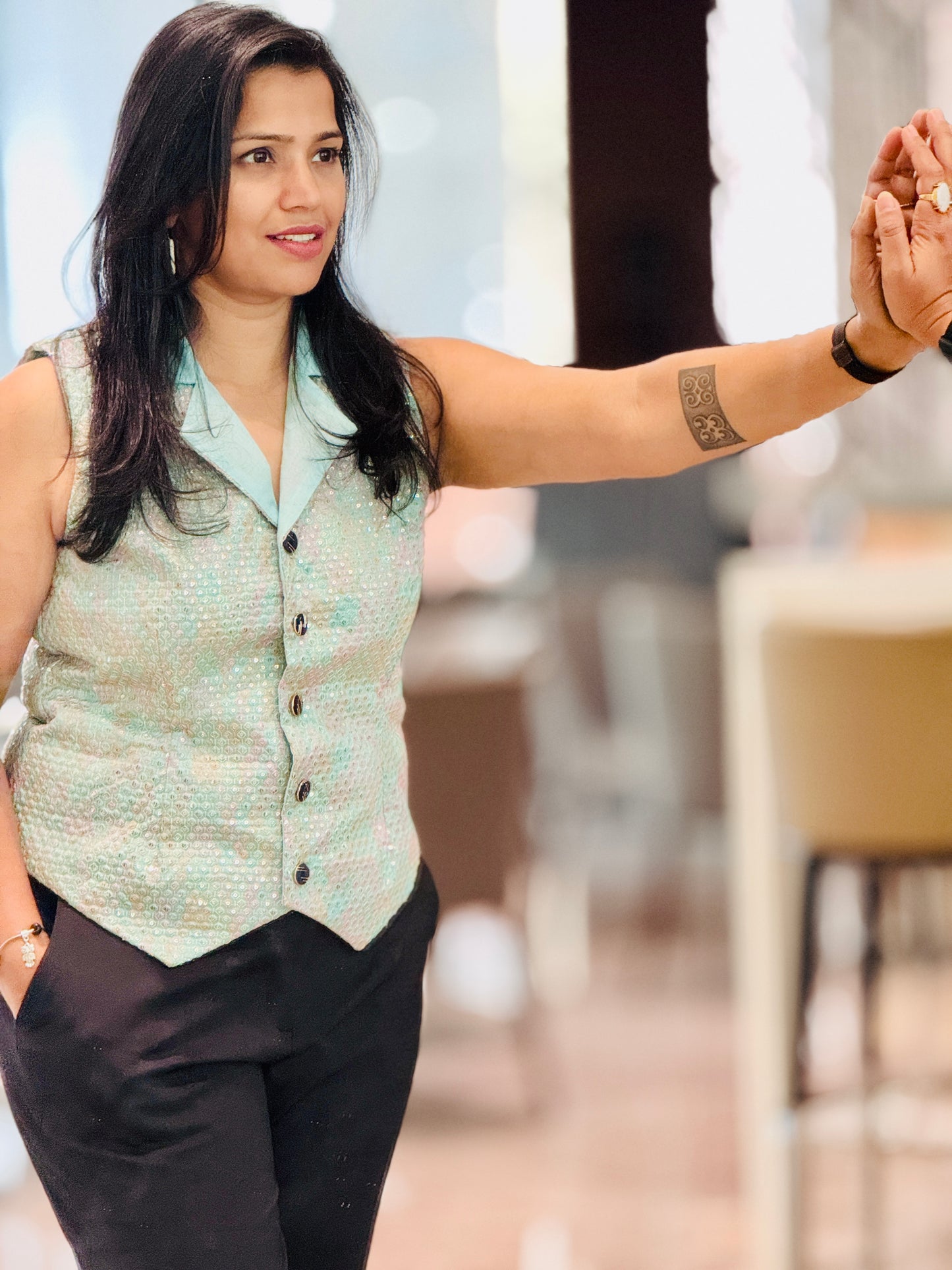 Women’s Aqua Green Waistcoat – Premium Mulberry Silk  Vest with Thread Work